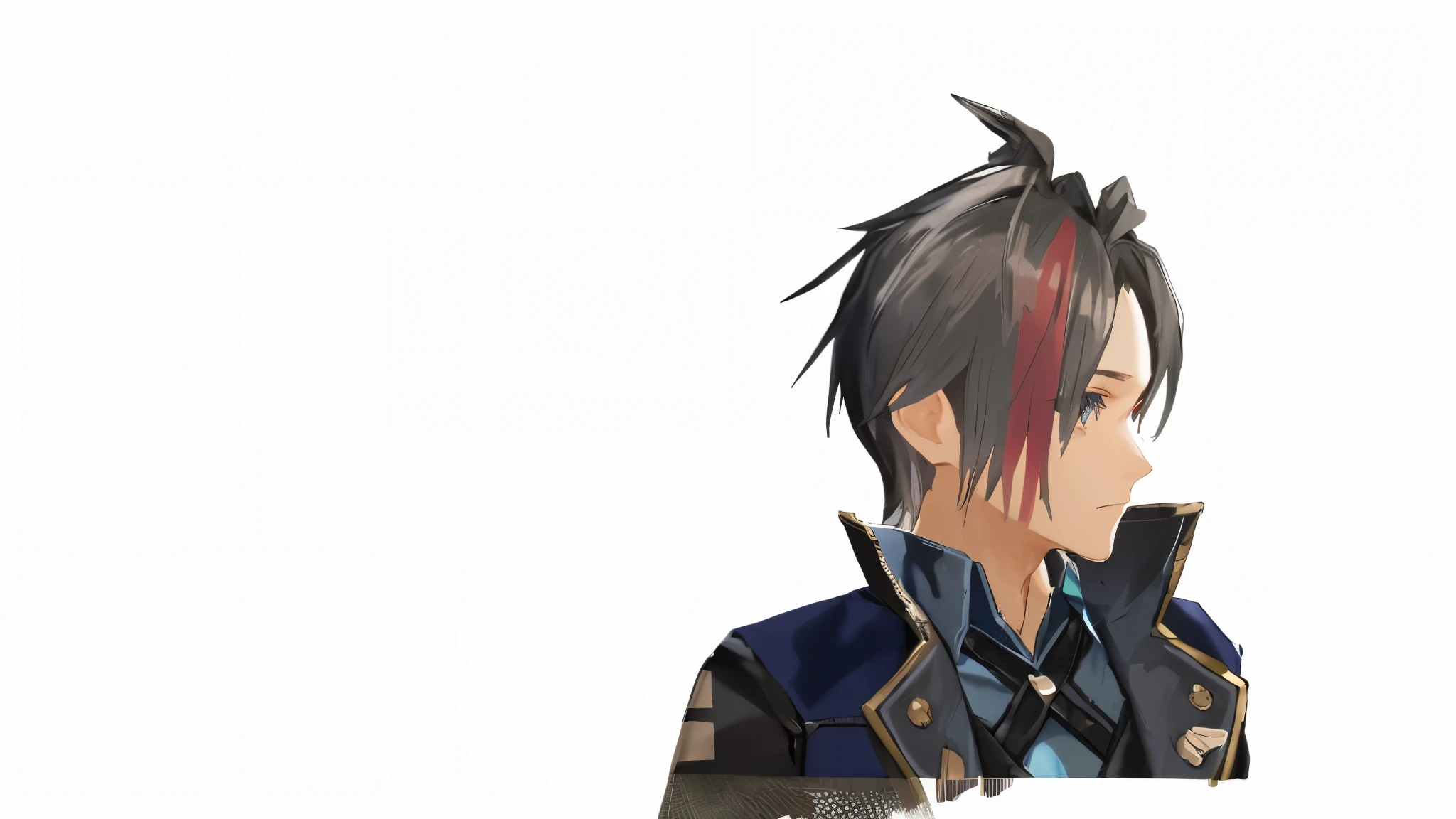 Highly detailed, High Quality, Masterpiece, beautiful, masterpiece, best quality, illustration, 4K, 8k, 1boy, blue and black outfit, gloves, multicolored hair, long hair, black hair, from behind,