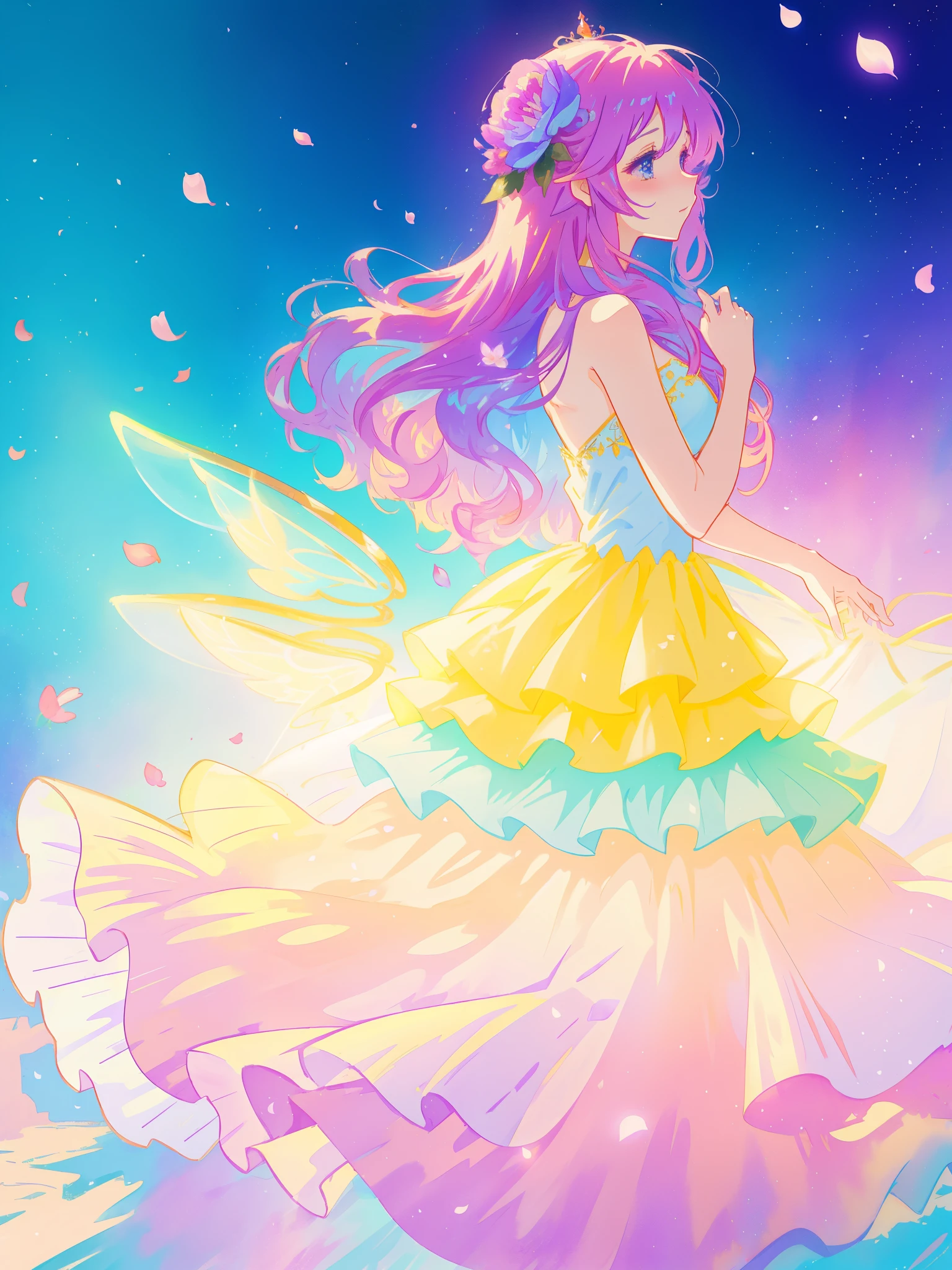 beautiful girl in tiered gradient ballgown dress, gradient colorful dress, ((layered flower petal skirt)), fairy dress, fairy queen, magical fantasia background, (glowing fairy wings), glowing flowing ballgown, long wavy hair, sparkling fairy wings, watercolor illustration, inspired by Glen Keane, inspired by Lois van Baarle, disney art style, jen bartel, beautiful digital illustration, beautiful, masterpiece, best quality, anime disney style