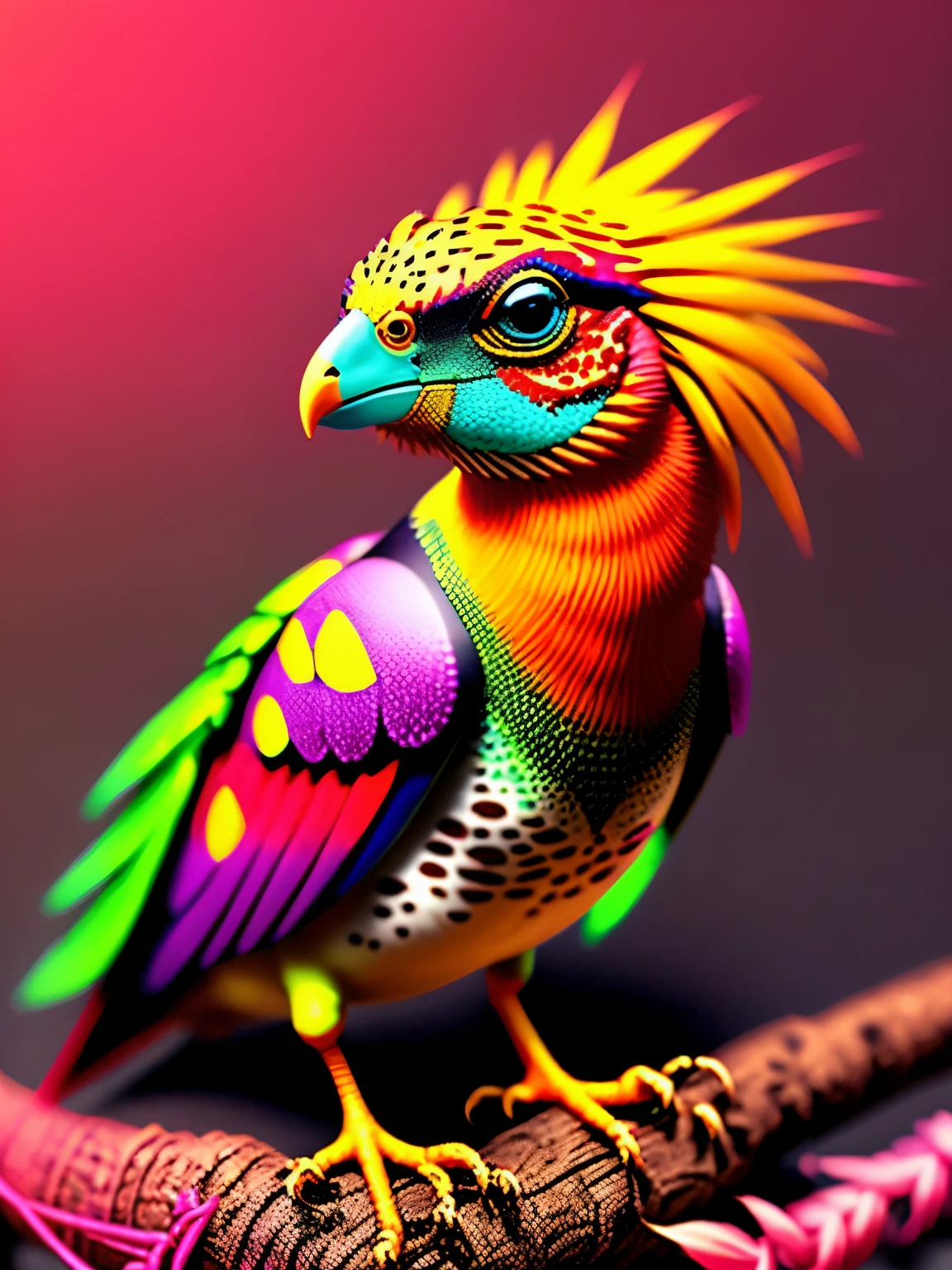 lizzard colored bird, lizard patterned, alien predatorial unusual unearthly bird with leopard skin style feather coloring, leopard feathers, sitting on a branch with pink skulls, cgi art, red-yellow colors, hyperrealistic sparrows, pinterest, photorealistic artstyle, in rich color, an ai generated image, very detailed portrait, singing for you, breathtaking render, phsycodelic elements