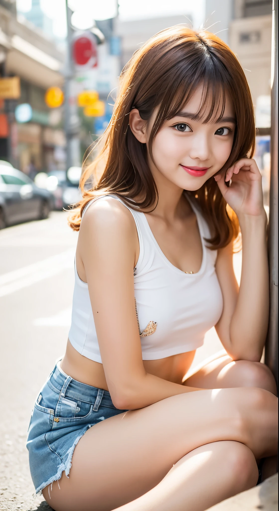 Smiling woman in white top and denim shorts sitting on the side of the street,