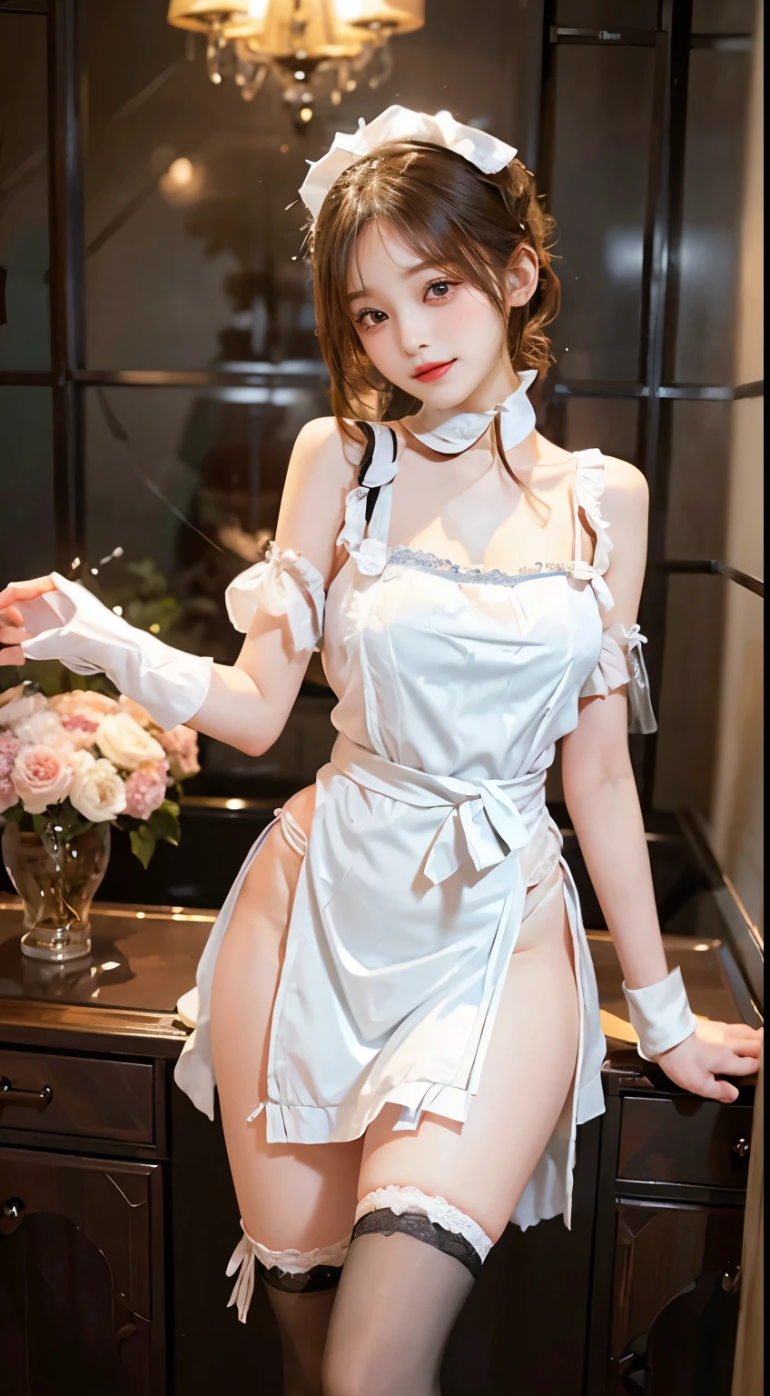 Super sexy white maid outfit and choker、Ultra-high resolution、Powerful Images、8K Slender Woman、Super big 、Brown hair short bob