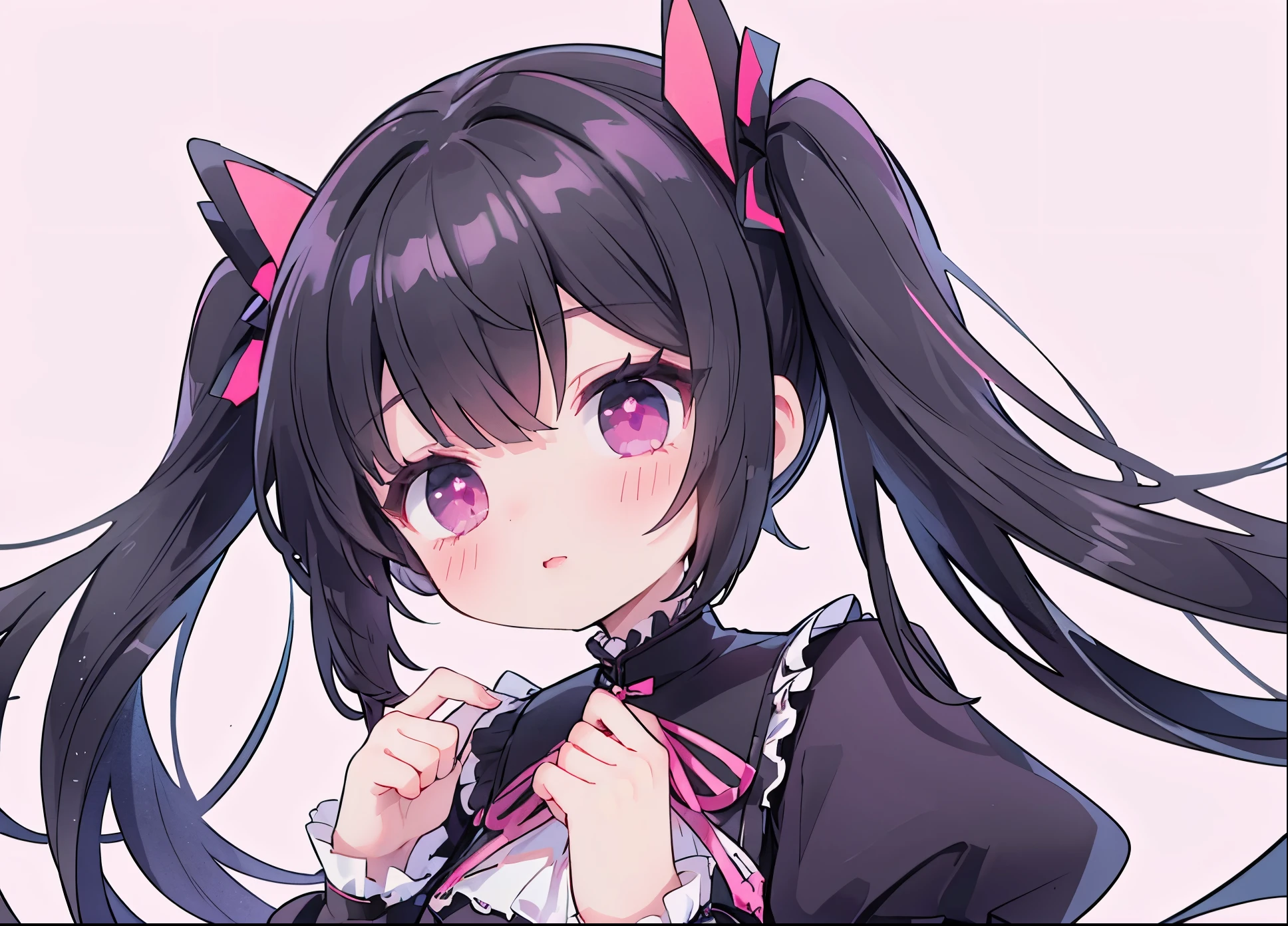 ((central)), ((face to face)), ((up shot)), masterpiece, dressed in Gothic Lolita clothes, black hair twintails, neon eyes, pink eyes, Solo, One girl, Solid pink background, invisible hands