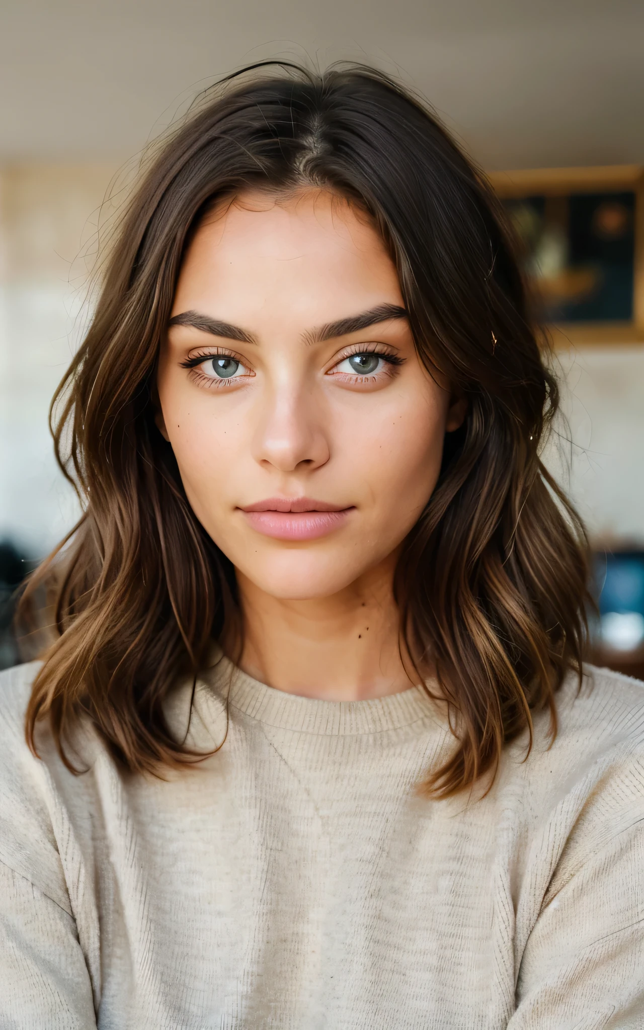 Beautiful brunette with blonde highlights in a beige sweater (in a café drinking soft drinks), piel clara, muy detallado, 22 years, Cara inocente, cabello ondulado natural, ojos azules, high resolution, obra maestra, Mejor calidad, Alto detalle intrincado, Muy detallado, Sharp focus, piel detallada, realistic skin textura, textura, ojos detallados, profesional, 4k, sonrisa encantandora, disparado con canon, 85mm, Poca profundidad de campo, Kodak Vision Color, Cuerpo en perfecta forma, extremadamente detallado, Photography_\(Ultra\ ), fotorrealista, realista, Postprocesamiento, maximum details, Aspereza, vida real, Ultra realistic, fotorrealismo, Photography, 8k UHD, Photography