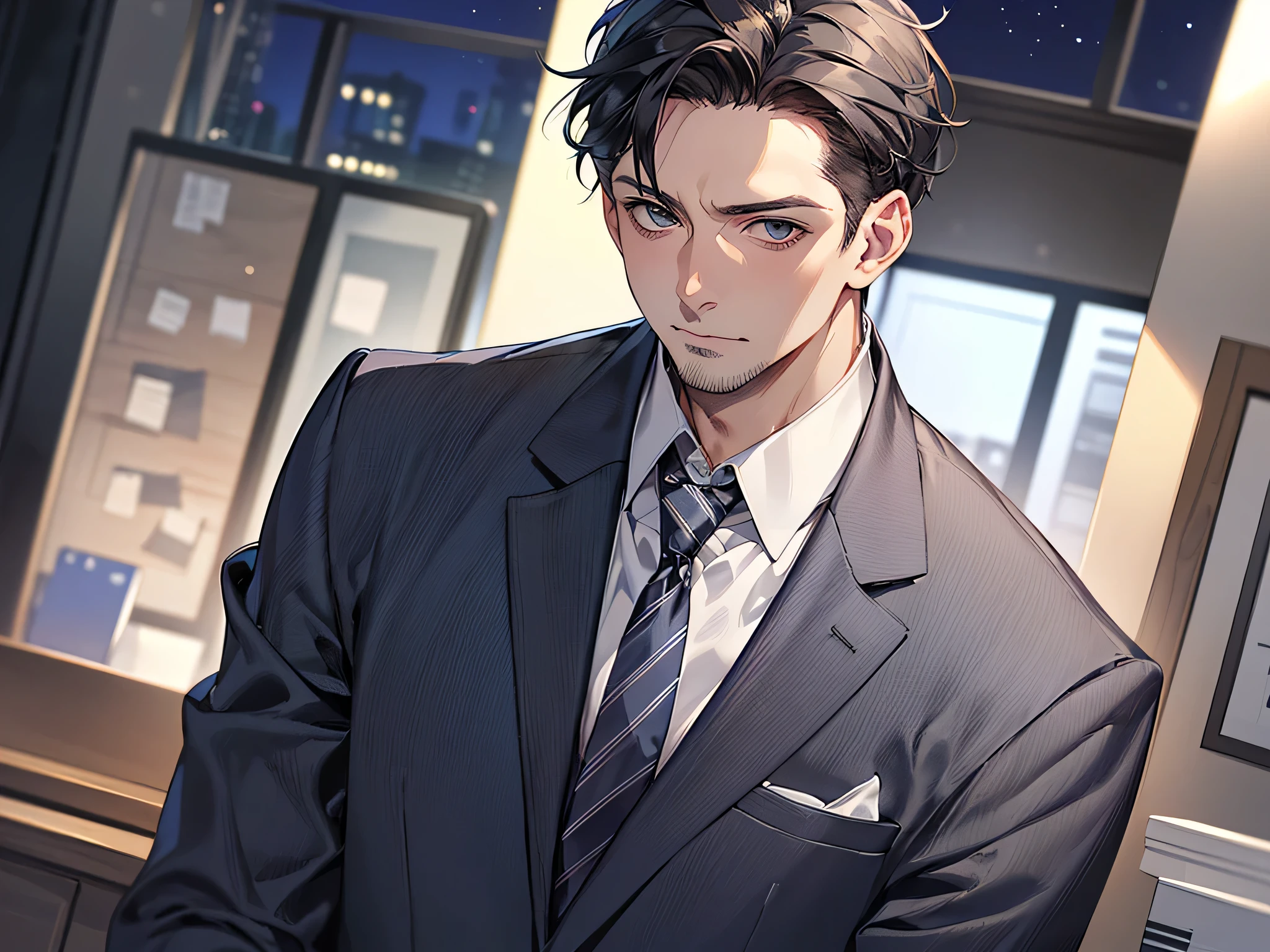ビューアーにカベドン,((close up)),dramatic angle,masterpiece,(middle aged male),((おじさん)),((40-year-old)),しわ,upper body shot, business Suit,tie,1 guy, solo,Black top, short hair,looking at viewer,office,(night)