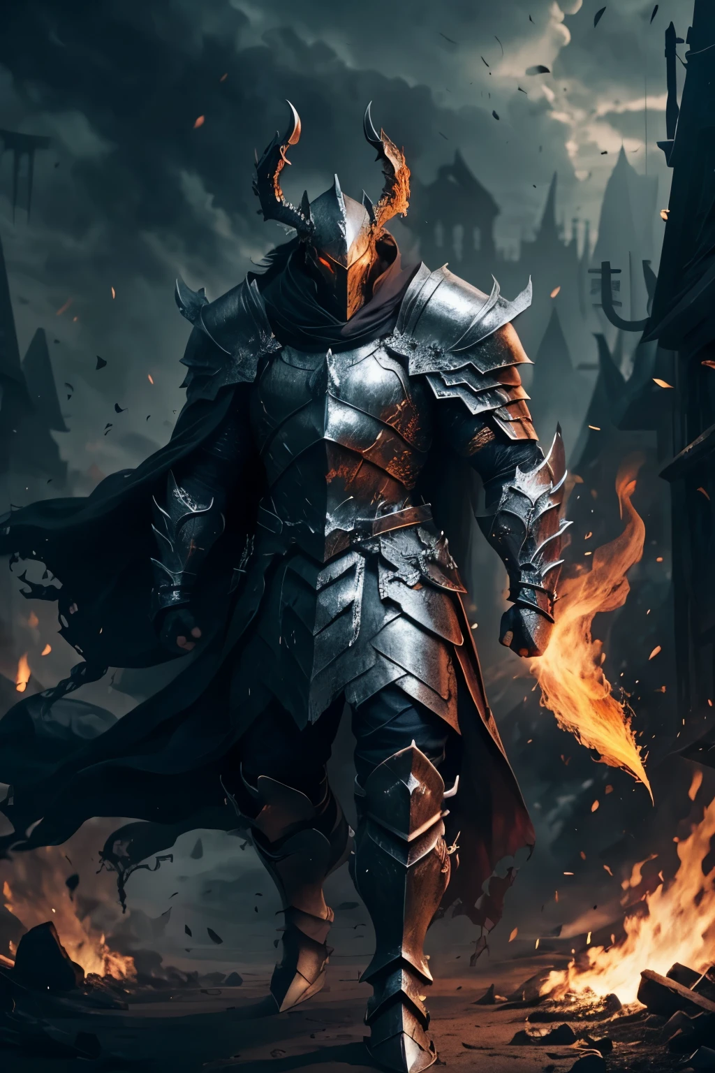 Demonic looking armor spirit, iron armor with live fire coming out as a cape, flaming horns, Dragon Knight Armor in hell, fiery body