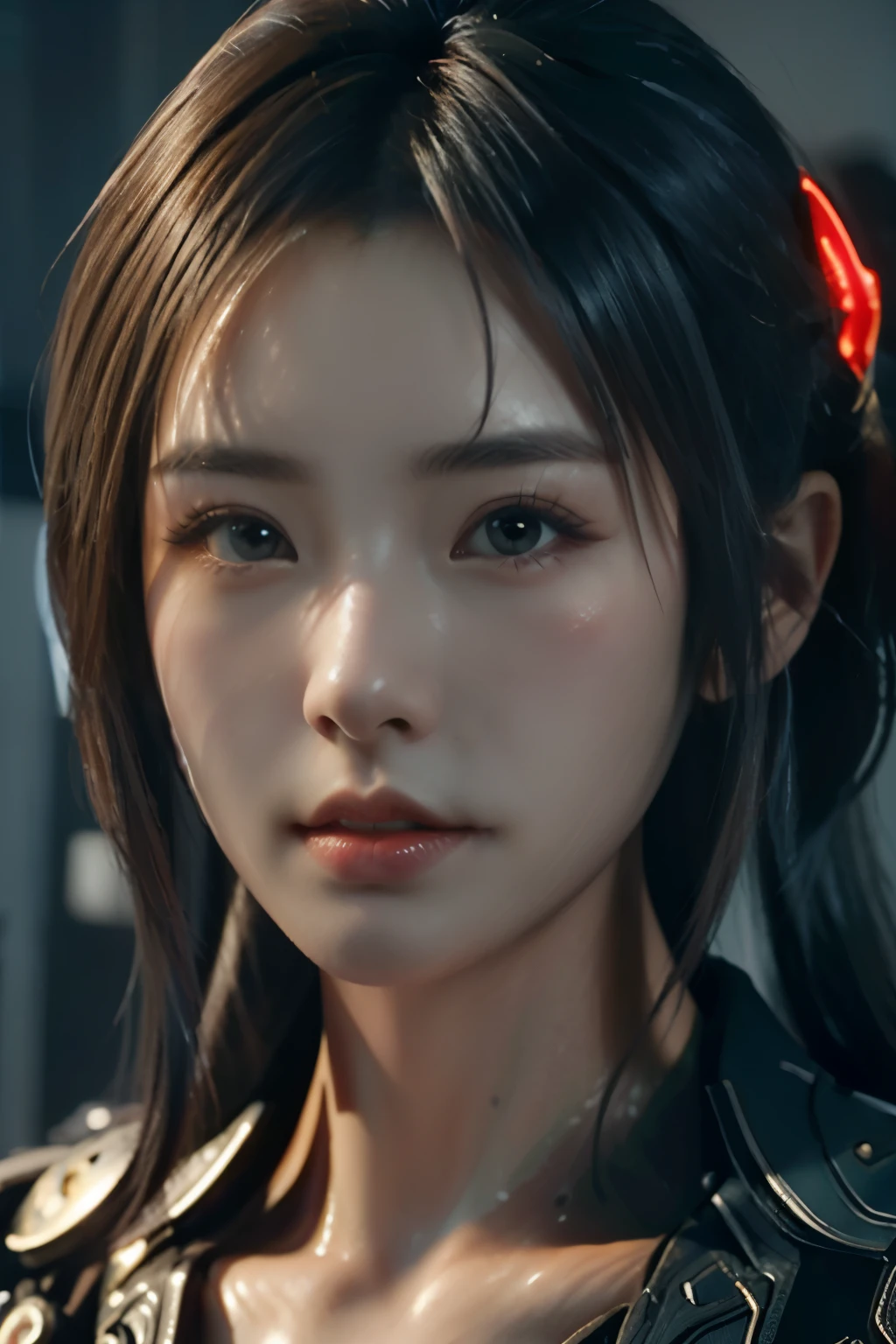 Game art,The best picture quality,Highest resolution,8K,(A bust photograph),(Portrait),(Head close-up:1.5),(Rule of thirds),Unreal Engine 5 rendering works, (The Girl of the Future),(Female Warrior), 22岁少女,(Female hackers),(White and red gradient,Ancient Oriental hairstyle),((The pupils of the red eyes:1.3)),(A beautiful eye full of detail),(Big breasts),(Eye shadow),优雅迷人,冷漠,((Anger)),(Cyberpunk jacket full of futuristic look,Joint Armor,There are exquisite Chinese patterns on the clothes,A flash of jewellery),赛博朋克人物,未来风格, 拍照姿势,城市背景,Movie lights,Ray tracing,Game CG,((3D Unreal Engine)),oc渲染反射纹