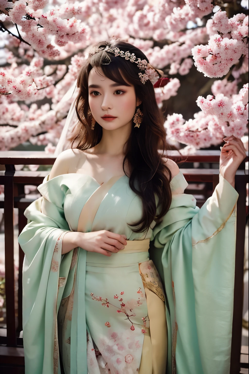 A captivating image prompt showcasing an elegant goddess draped in a resplendent Chinese hanfu, her Boysenberry hair intricately styled, while delicate cherry blossoms delicately embrace her crown, accentuating her enchanting charm.