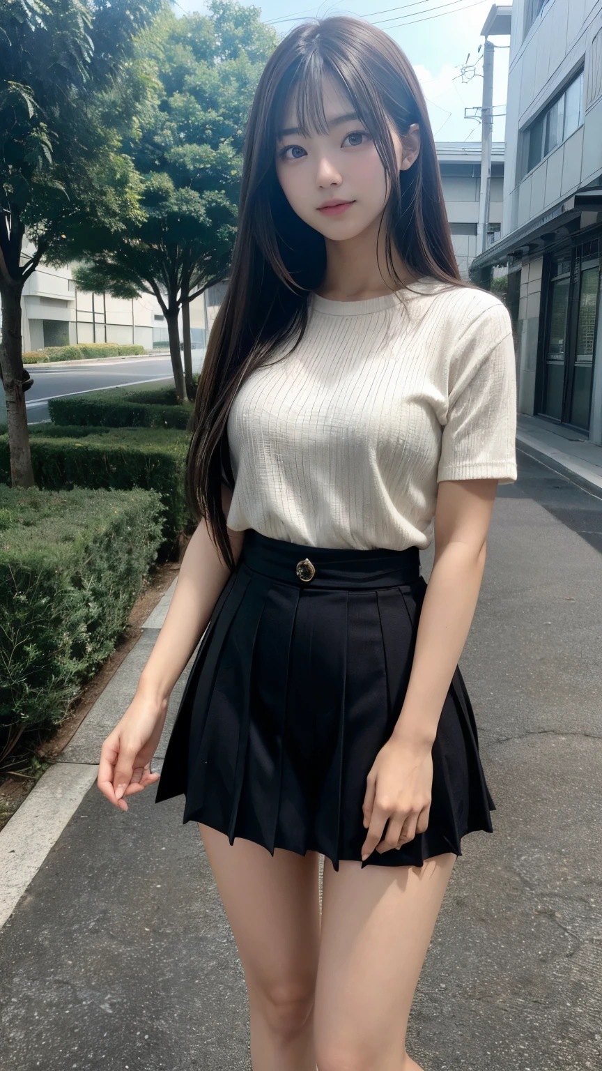 highres, ultra detailed, photorealistic, 1 beautiful Japanese female college student, highly detailed beautiful face, straight hair, medium hair, beautiful legs,  standing,  college, 