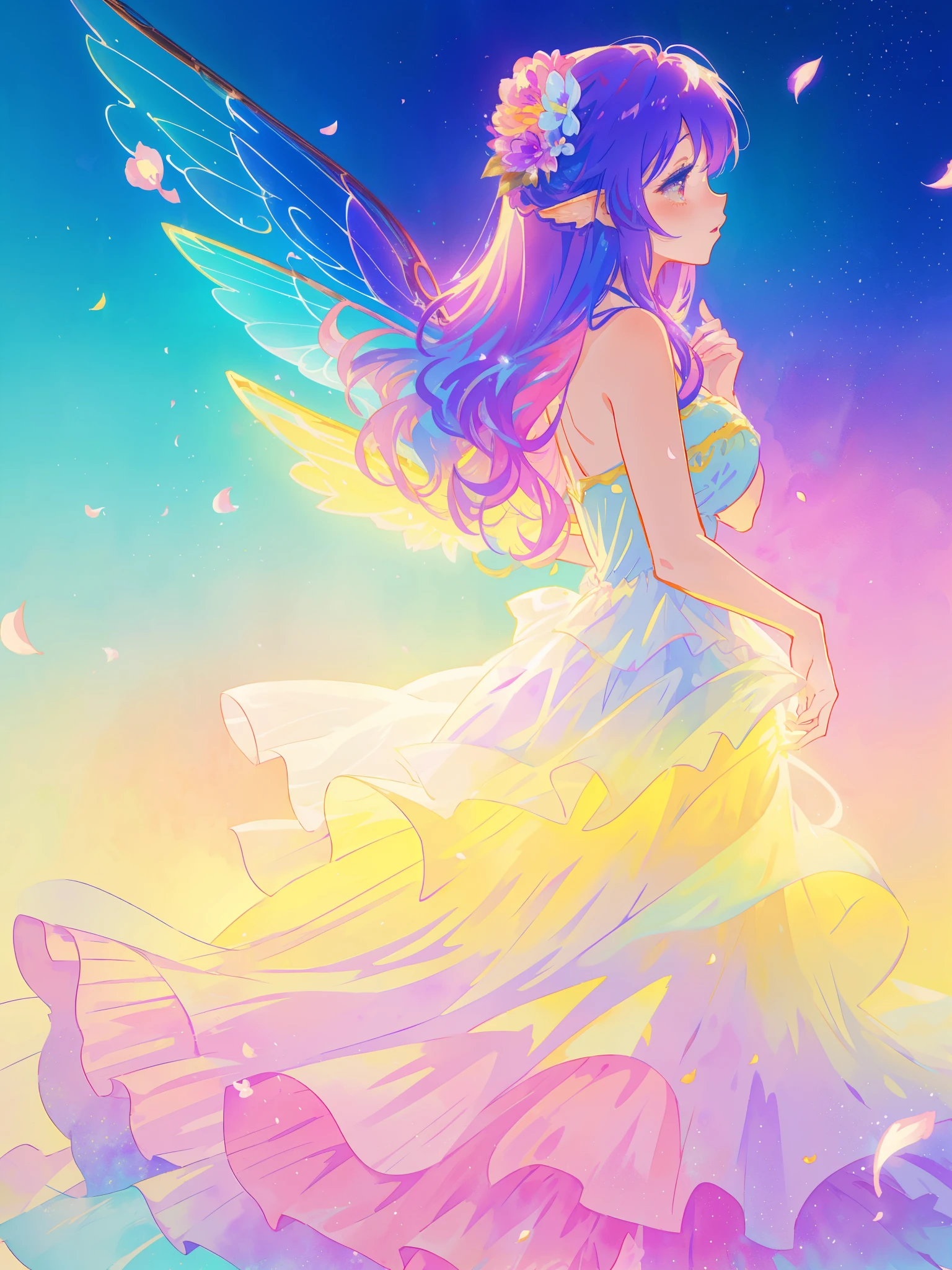 beautiful girl in tiered gradient ballgown dress, gradient colorful dress, ((layered flower petal skirt)), fairy dress, fairy queen, magical fantasia background, (glowing fairy wings), glowing flowing ballgown, long wavy hair, sparkling fairy wings, watercolor illustration, inspired by Glen Keane, inspired by Lois van Baarle, disney art style, jen bartel, beautiful digital illustration, beautiful, masterpiece, best quality, anime disney style