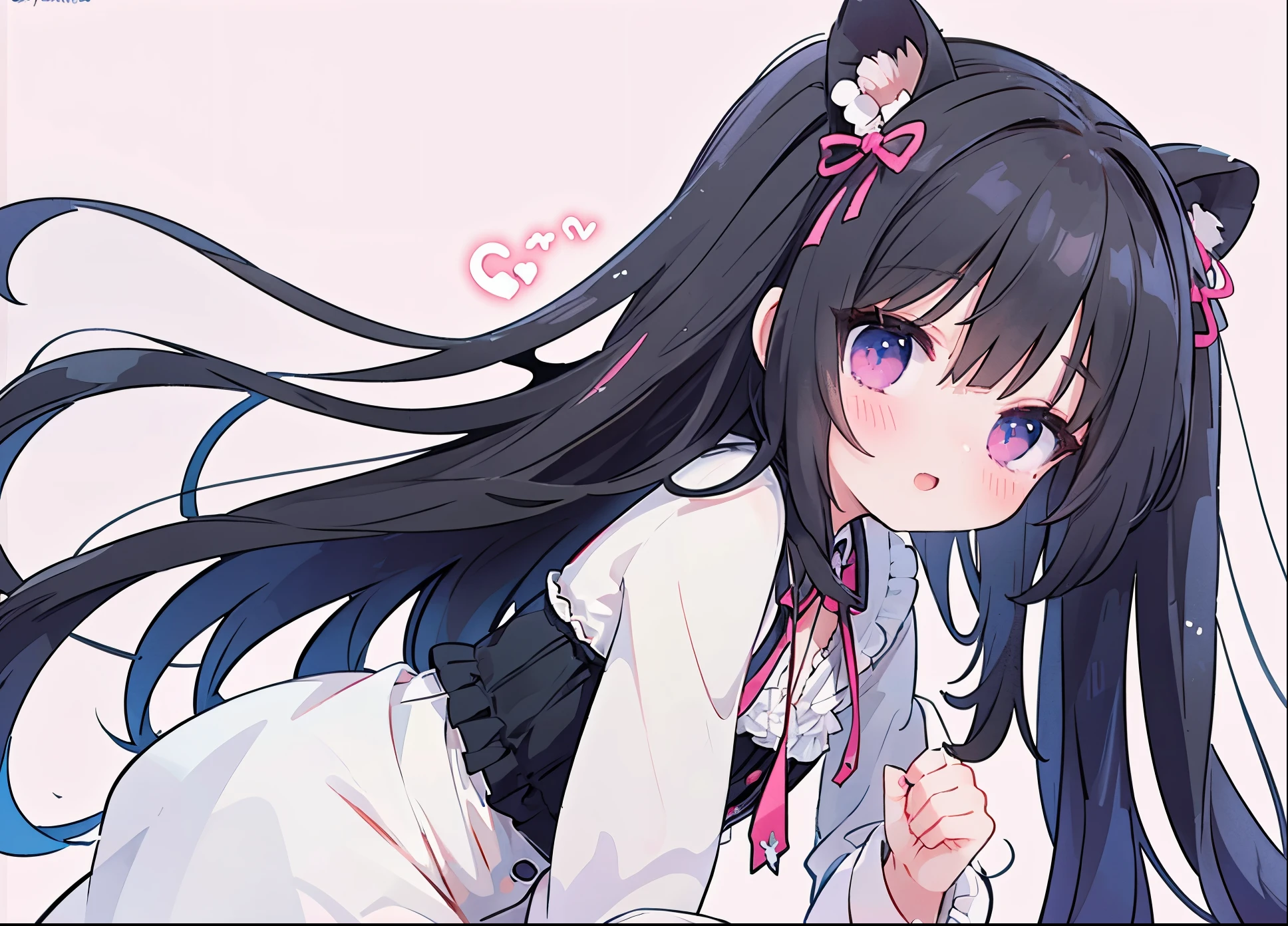 ((central)), ((face to face)), ((up shot)), masterpiece, dressed in Gothic Lolita clothes, black hair twintails, neon eyes, pink eyes, Solo, One girl, Solid pink background, invisible hands