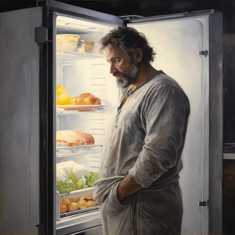 painting of a man standing in front of a refrigerator with food in it, fridge, refrigerator, hyperrealism concept art, soft morning light. hyperrealism, fine art hyperrealism, hypperrealistic painting, detailed realism in painting, full portrait, hyperrealism self portrait, hyperrealism painting, hyper realism , morning. hyperrealism, realistic illustrative painting