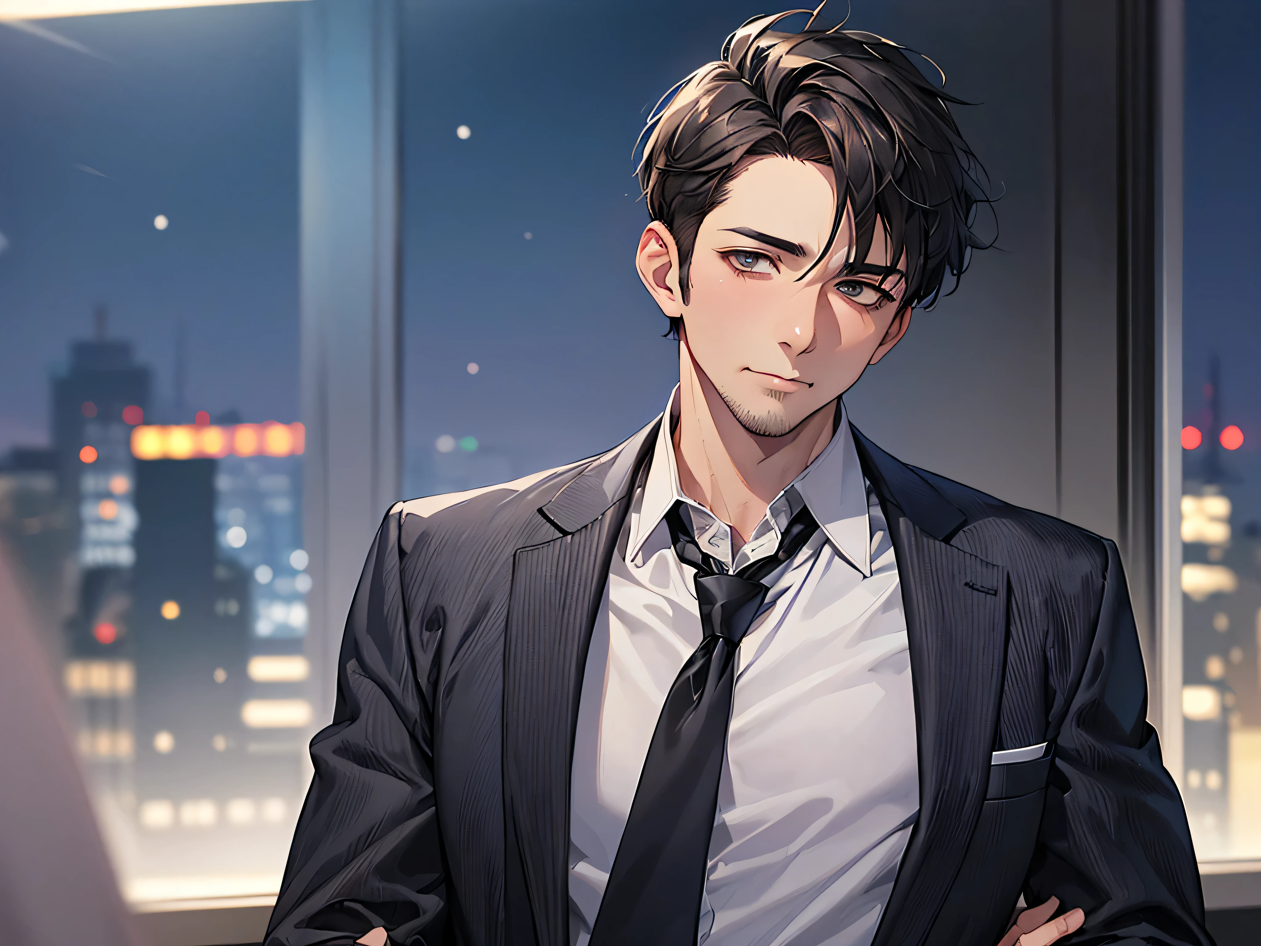 ビューアーにカベドン,((close up)),dramatic angle,masterpiece,(middle aged male),((おじさん)),((40-year-old)),しわ,upper body shot, business Suit,tie,1 guy, solo,Black top, short hair,looking at viewer,office,(night)
