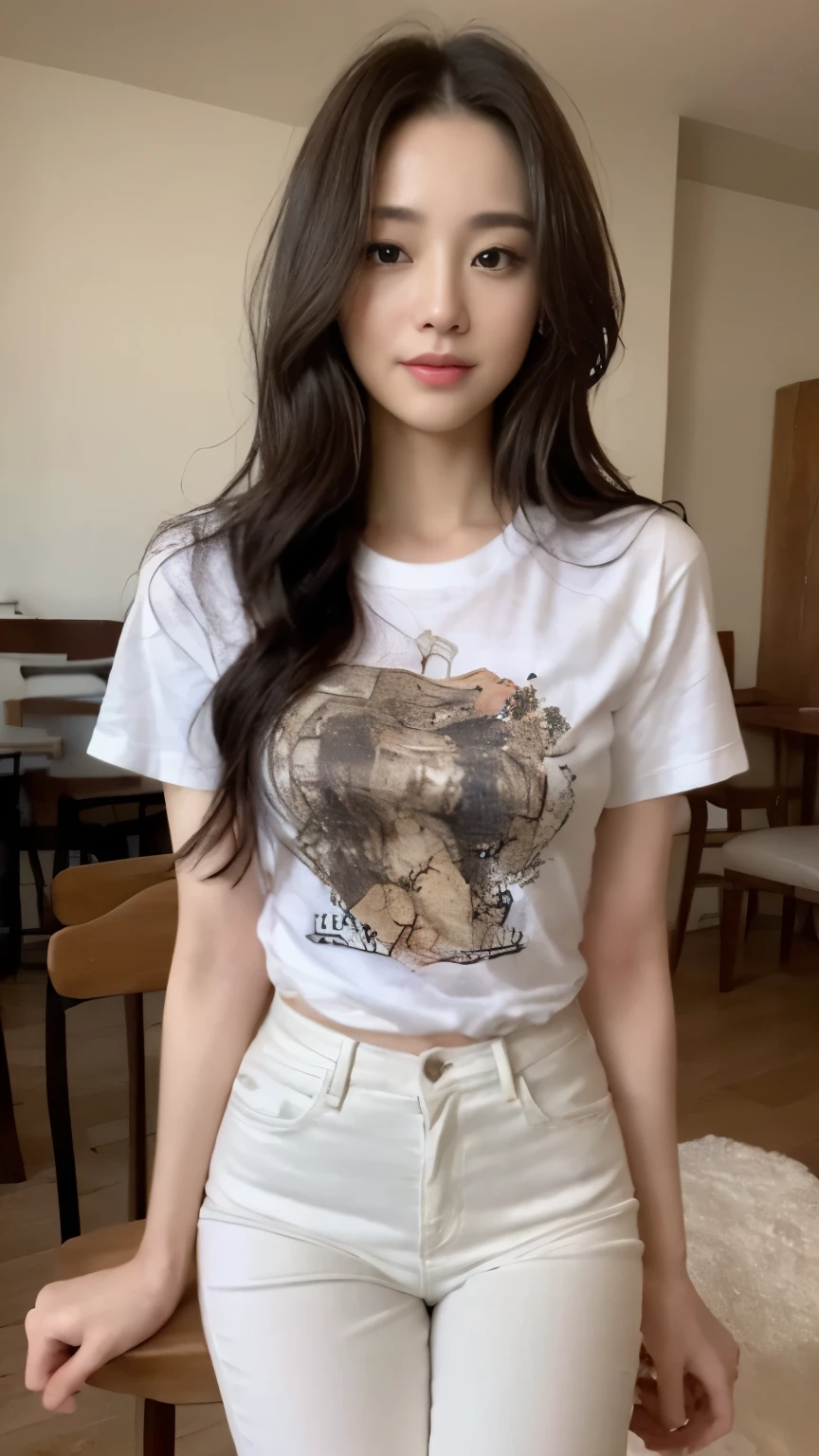 ((top-quality、8k、masterpiece:1.3))、Beautiful woman with perfect body:1.4、slim abdomen:1.2、Longhair, normal breast, Highly detailed facial and skin texture, A detailed eye, delicate eyes, double eyelid, (smile), (full body shot), ((restaurant 1.1)), (sitting on chair), (((wearing t-shirt with skirt))), looking in front