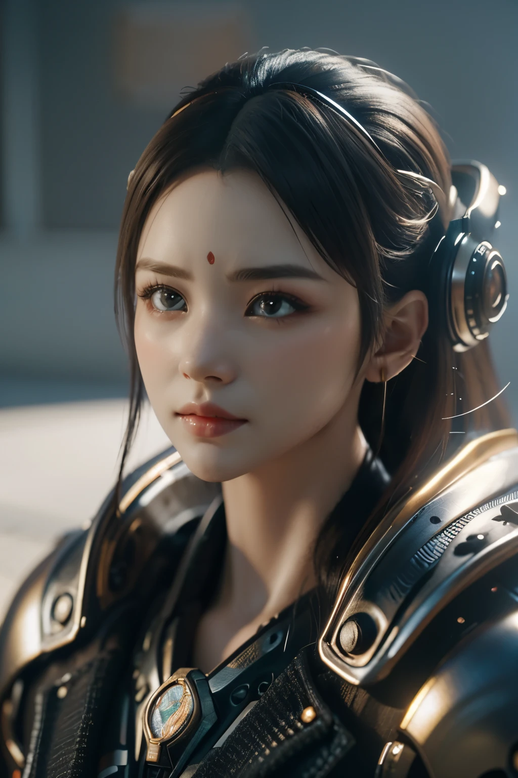 Game art,The best picture quality,Highest resolution,8K,(A bust photograph),(Portrait),(Head close-up:1.5),(Rule of thirds),Unreal Engine 5 rendering works, (The Girl of the Future),(Female Warrior), 22岁少女,(Female hackers),(White and red gradient,Ancient Oriental hairstyle),((The pupils of the red eyes:1.3)),(A beautiful eye full of detail),(Big breasts),(Eye shadow),优雅迷人,冷漠,((Anger)),(Cyberpunk jacket full of futuristic look,Joint Armor,There are exquisite Chinese patterns on the clothes,A flash of jewellery),赛博朋克人物,未来风格, 拍照姿势,城市背景,Movie lights,Ray tracing,Game CG,((3D Unreal Engine)),oc渲染反射纹