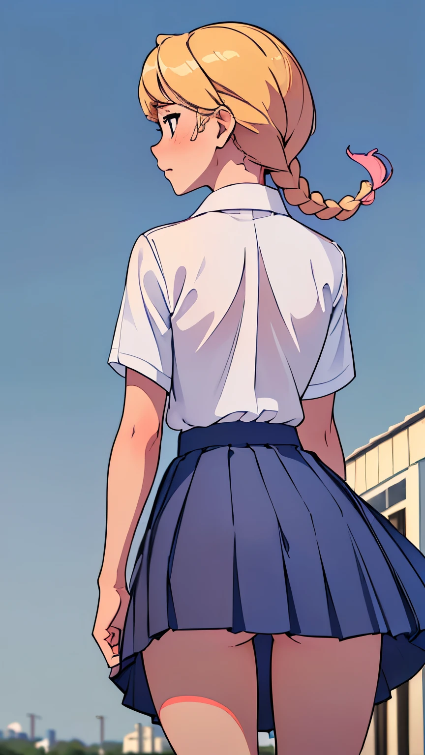 ((best quality)), ((masterpiece)), (detailed), suburban street, slender 16yo teen girl, ((((plain white button shirt)))), (((dark blue pleated skirt))), (((plain pink panties))), (((upskirt peak))), (((skinny thighs))), (((skinny waist))), ((blushing:1.3)), (((shocked expression:1.2)), blonde hair, braid, (((view from behind))), (((skirt swept by wind))), walking