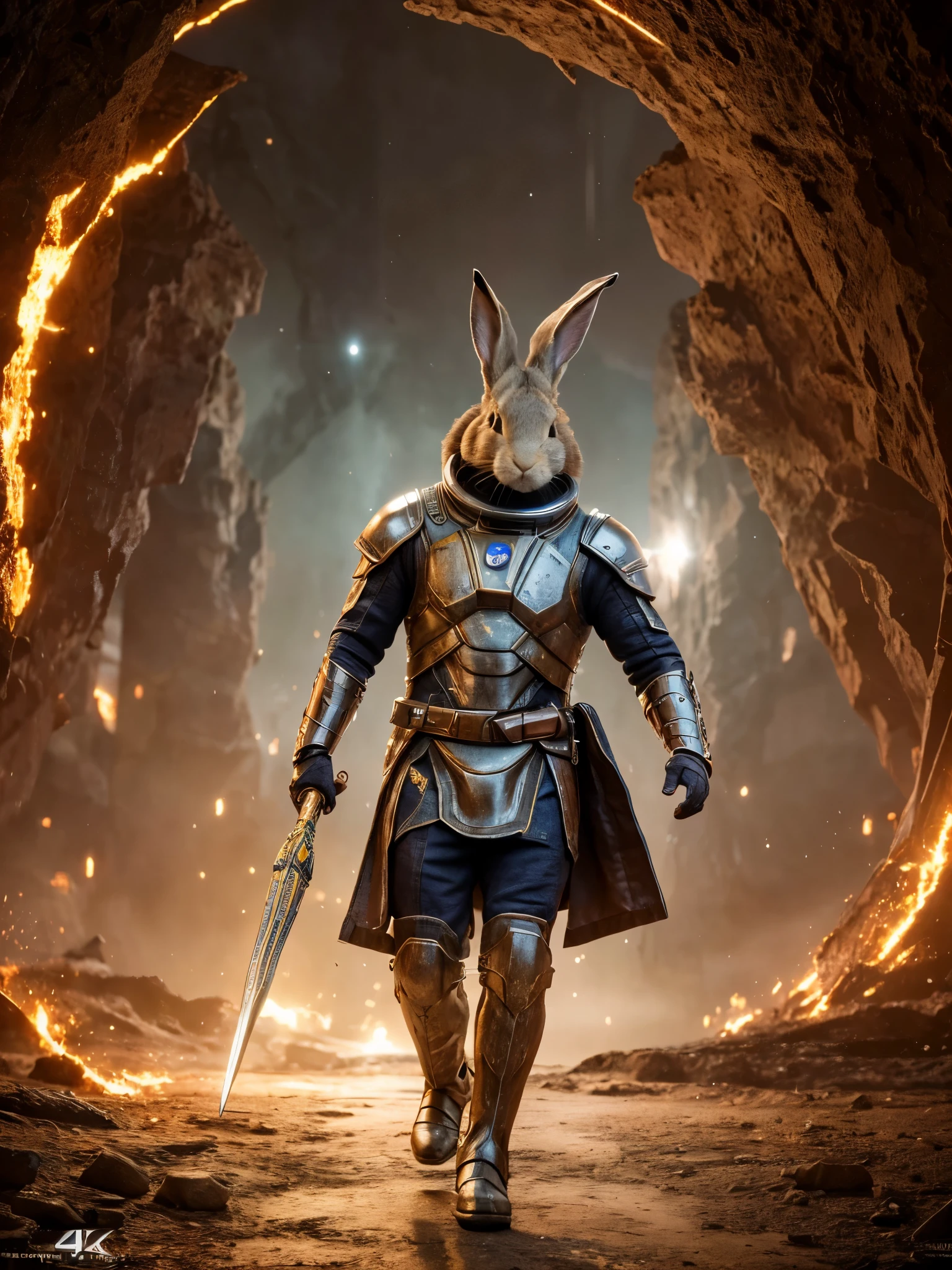 A rabbit warrior walking through the Forgotten Gateway of Time and Space, detailed, ultra intricate, sci-fi, galaxy, depth of field, (space and time:1.2), (best quality,4k,8k,highres,masterpiece:1.2), ultra-detailed, (realistic,photorealistic,photo-realistic:1.37), HDR, UHD, studio lighting, ultra-fine painting, sharp focus, physically-based rendering, extreme detail description, professional, vivid colors, bokeh, portraits, landscape.