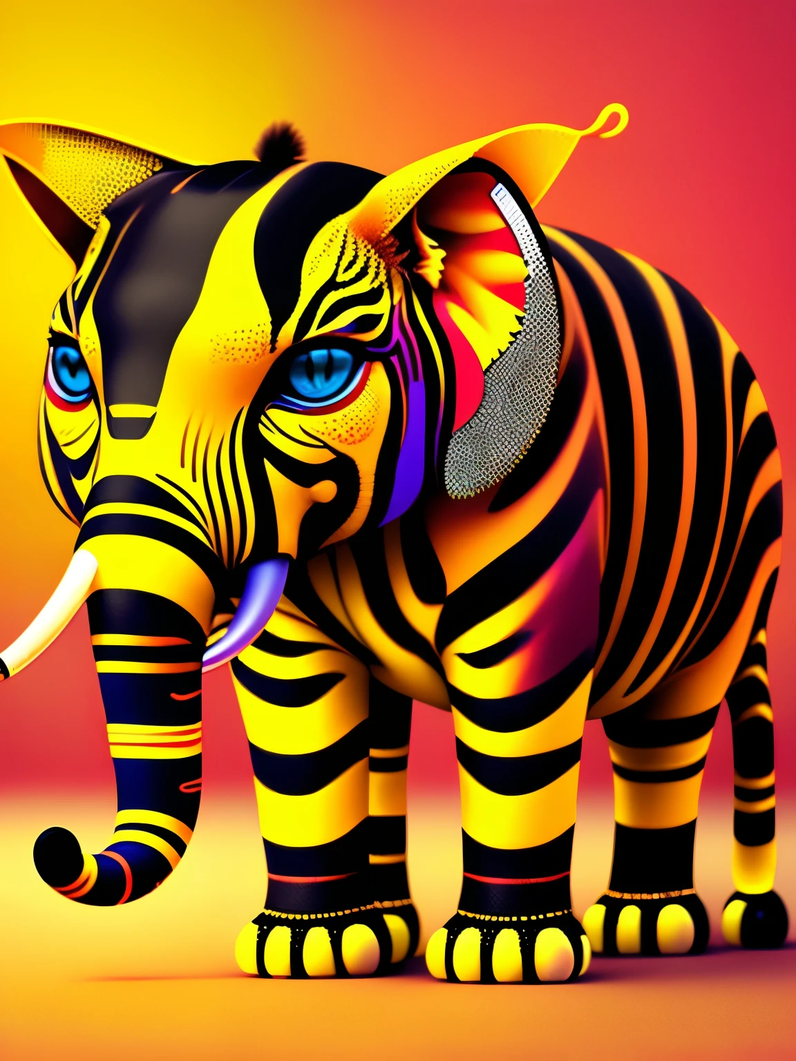 cat elephant  colored in  zebra skin pattern, , cgi art, red-yellow colors, hyperrealistic sparrows, pinterest, photorealistic artstyle, in rich color, an ai generated image, very detailed portrait, singing for you, breathtaking render, phsycodelic elements