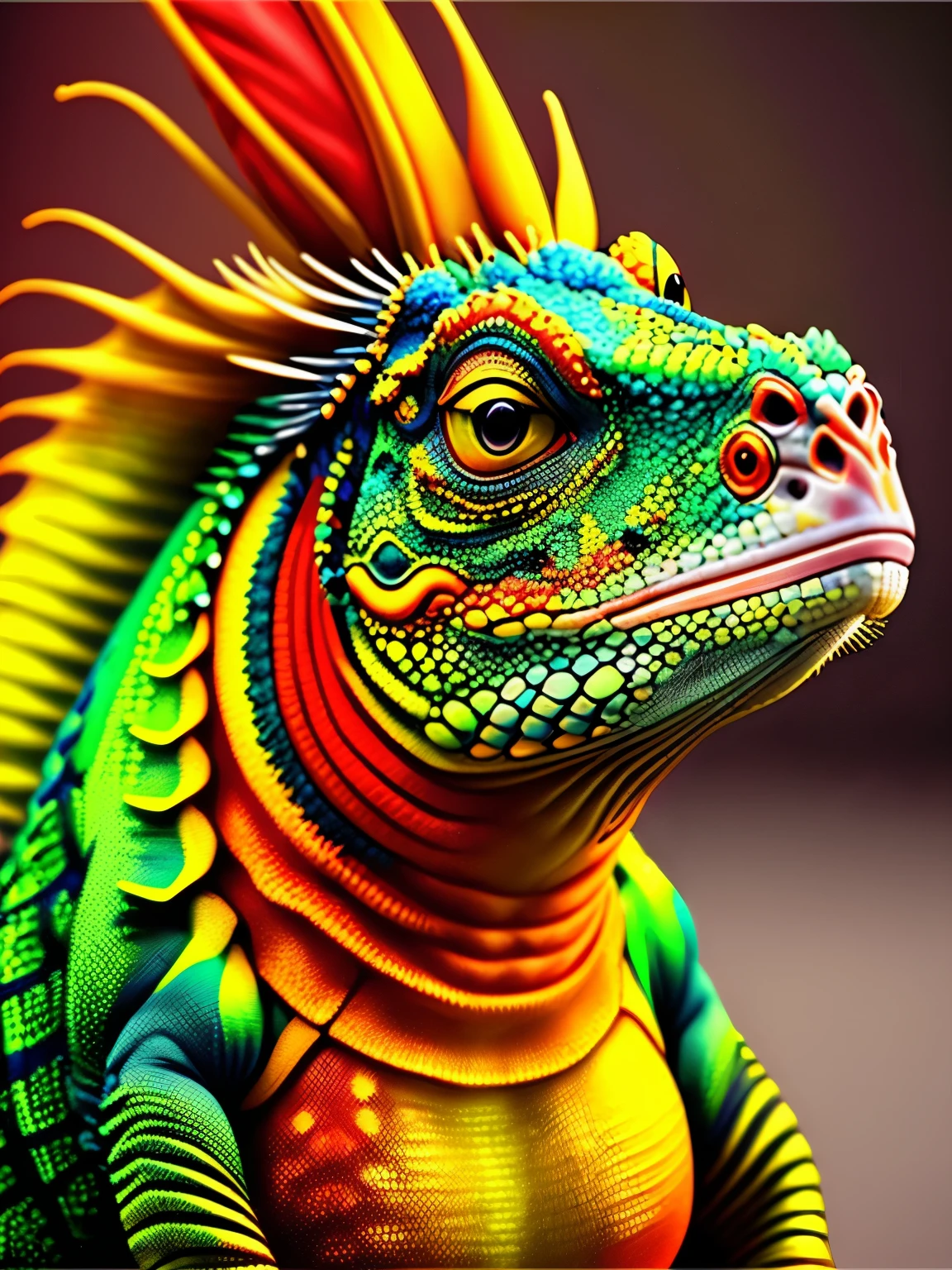 colored in  iguana skin pattern, , cgi art, red-yellow colors, hyperrealistic , pinterest, photorealistic artstyle, in rich color, an ai generated image, very detailed portrait, singing for you, breathtaking render, phsycodelic elements