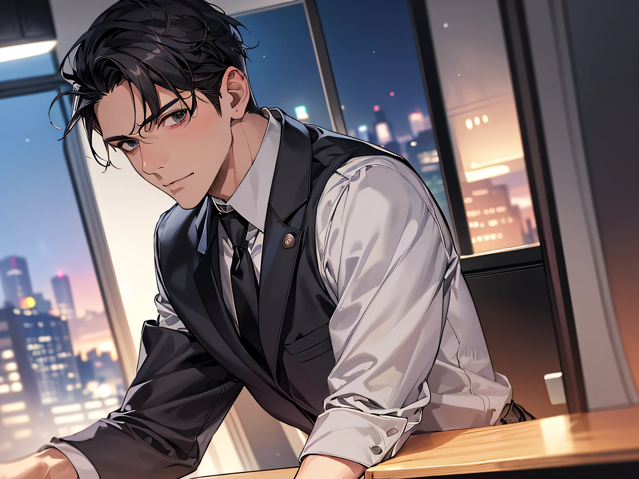 ビューアーにカベドン,((close up)),dramatic angle,masterpiece,(middle aged male),((おじさん)),((40-year-old)),しわ,upper body shot, business Suit,tie,1 guy, solo,Black top, short hair,looking at viewer,office,(night)