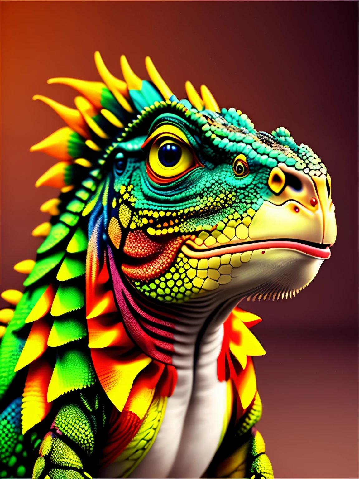 colored in iguana skin pattern, , cgi art, red-yellow colors, hyperrealistic , pinterest, photorealistic artstyle, in rich color, an ai generated image, very detailed portrait, singing for you, breathtaking render, phsycodelic elements