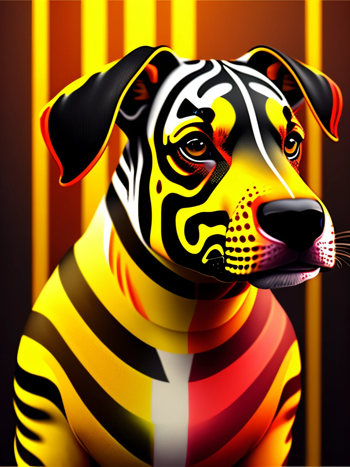 dog colored in zebra skin pattern, , cgi art, red-yellow colors, hyperrealistic , pinterest, photorealistic artstyle, in rich color, an ai generated image, very detailed portrait, singing for you, breathtaking render, phsycodelic elements