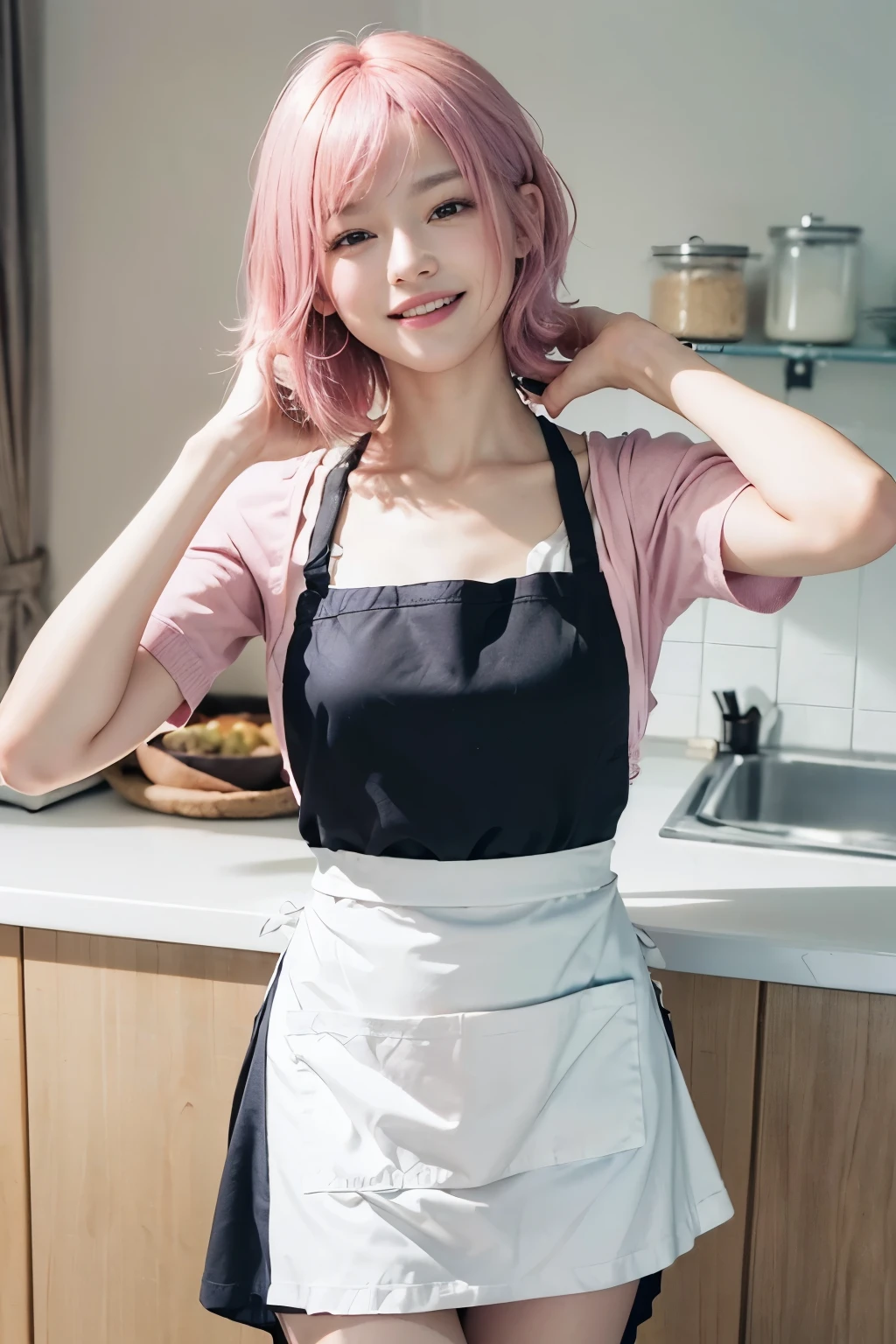 (8K, top-quality, masterpiece:1,2), (reallistic, Photorealsitic:1.37), Super Detail, One girl,), (Highly detailed), (beautifully detailed eyes), (of the highest quality), (super detailed ), (masterpiece), (Detailed face),20yr old, ,1 girl, ((pink hair,Very short hair)), medium breasts, clothed, Perfect Lighting, BREAK (white apron:1.4), A-line skirt:1.3), (small ribbon:1.2), BREAK (smiling and looking at the camera:1.3), (holding up the apron skirt with right hand and brushing hair with left hand:1.5), (simple white kitchen:1.2), (natural light:1.2)