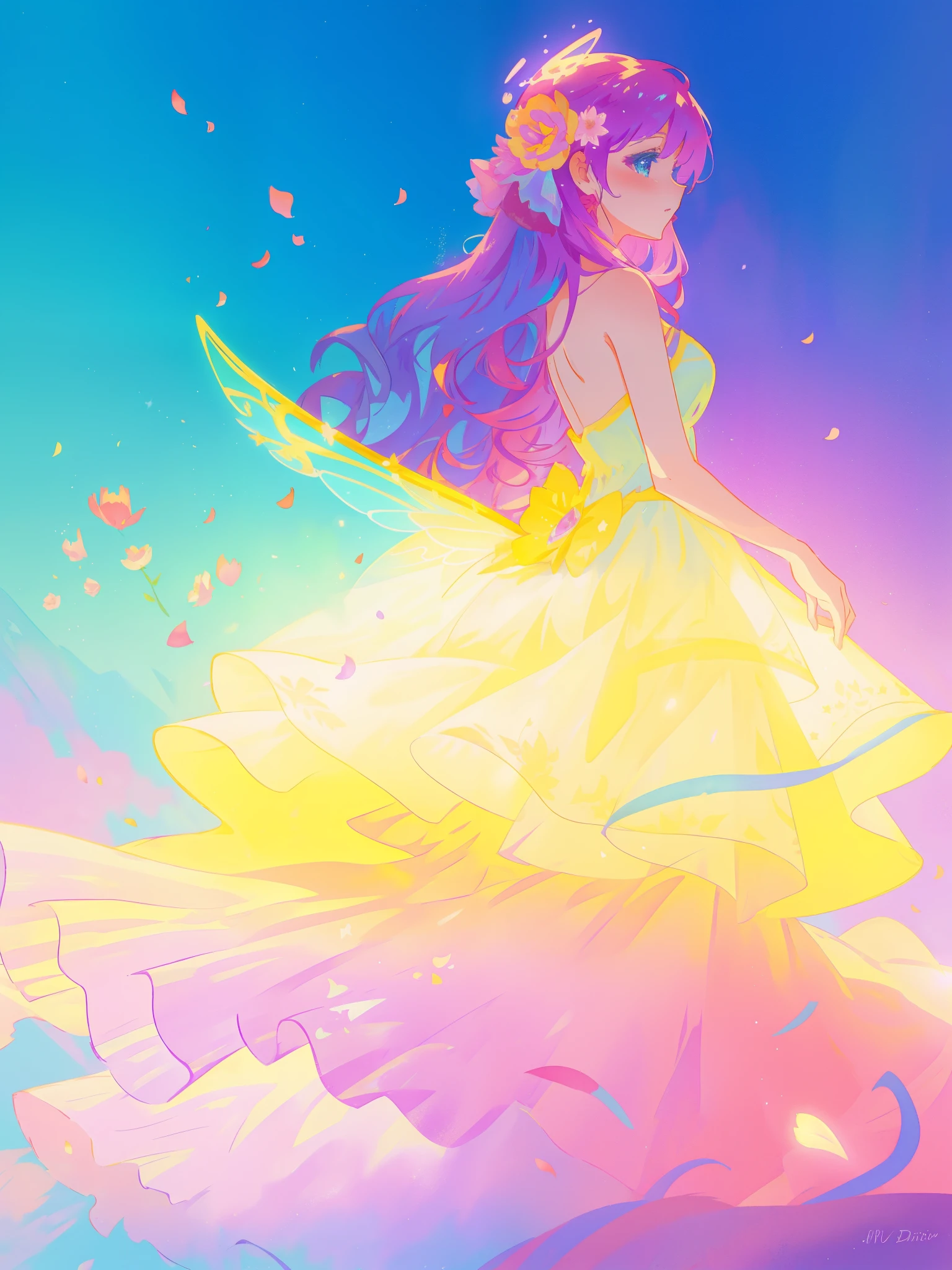 beautiful girl in tiered gradient ballgown dress, gradient colorful dress, ((layered flower petal skirt)), fairy dress, fairy queen, magical fantasia background, (glowing fairy wings), glowing flowing ballgown, long wavy hair, sparkling fairy wings, watercolor illustration, inspired by Glen Keane, inspired by Lois van Baarle, disney art style, jen bartel, beautiful digital illustration, beautiful, masterpiece, best quality, anime disney style
