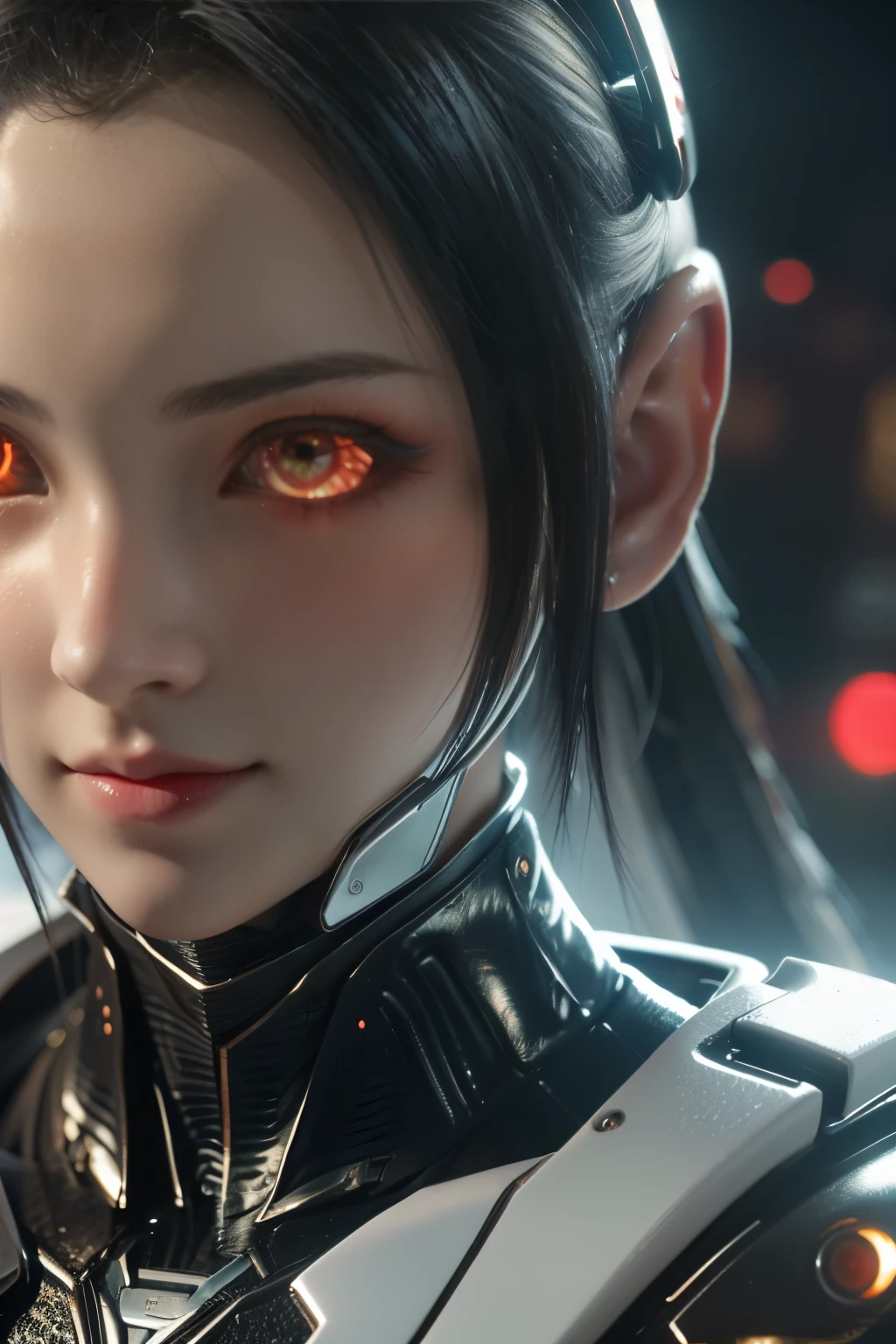 Game art，The best picture quality，Highest resolution，8K，(A bust photograph)，(Portrait)，(Head close-up:1.5)，(Rule of thirds)，Unreal Engine 5 rendering works， (The Girl of the Future)，(Female Warrior)， 22岁少女，(Female hackers)，(White and red gradient，Ancient Oriental hairstyle)，((The pupils of the red eyes:1.3))，(A beautiful eye full of detail)，(Big breasts)，(Eye shadow)，优雅迷人，冷漠，((Anger))，(Cyberpunk jacket full of futuristic look，Joint Armor，There are exquisite Chinese patterns on the clothes，A flash of jewellery)，赛博朋克人物，未来风格， 拍照姿势，城市背景，Movie lights，Ray tracing，Game CG，((3D Unreal Engine))，oc渲染反射纹