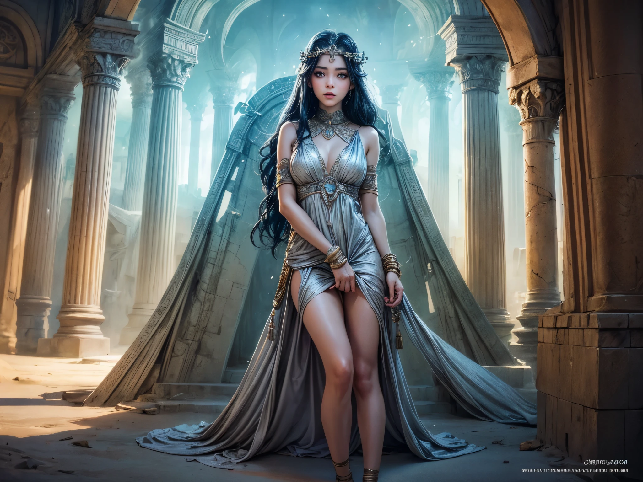 (best quality,4k,highres),detailed girl,standing in front of a (stargate:1.1),forgotten gateway of time and space. The scene depicts the girl's (beautiful detailed eyes,beautiful detailed lips,longeyelashes) as she gazes in awe at the majestic (stargate:1.1) in front of her. The stargate is surrounded by the ancient ruins of Egypt, (sand-covered, cracked stone, crumbling pillars), hinting at its long-forgotten history. The girl is dressed in (flowing, ethereal, ancient-inspired) garments, adding to the mystical atmosphere. The setting is bathed in (soft, warm) lighting, casting a mesmerizing glow on the girl and the surroundings. The (realistic,photorealistic:1.37) artwork showcases vivid colors and (sharp focus, extreme detail description), capturing every intricate element. The overall composition exudes an otherworldly aura, transporting viewers to a distant time and space.