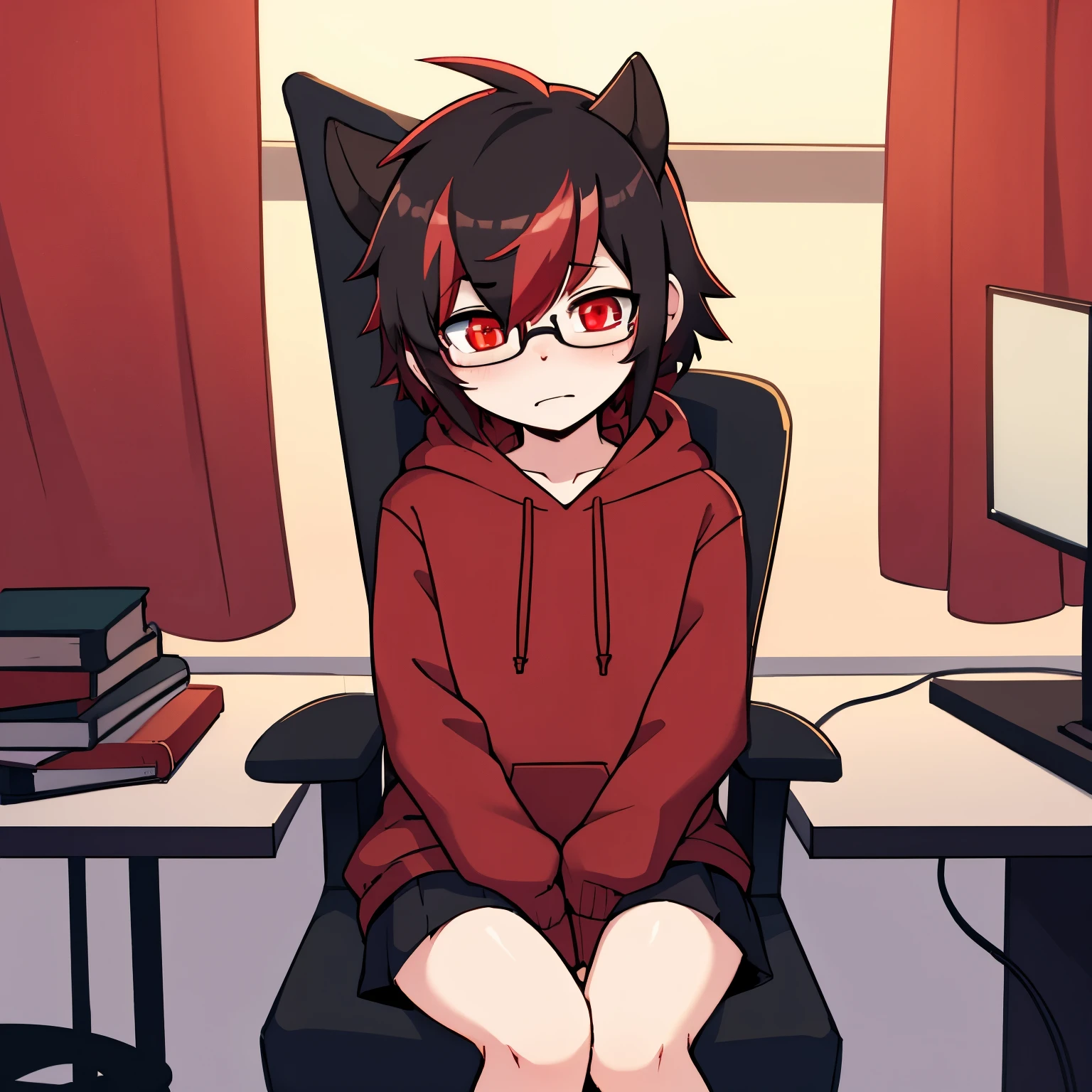 young, demon, no fur, fluffy black hair, glasses, only person, pale skin, red highlights, hoodie, embarrassed, crimson eyes, in a chair, horny