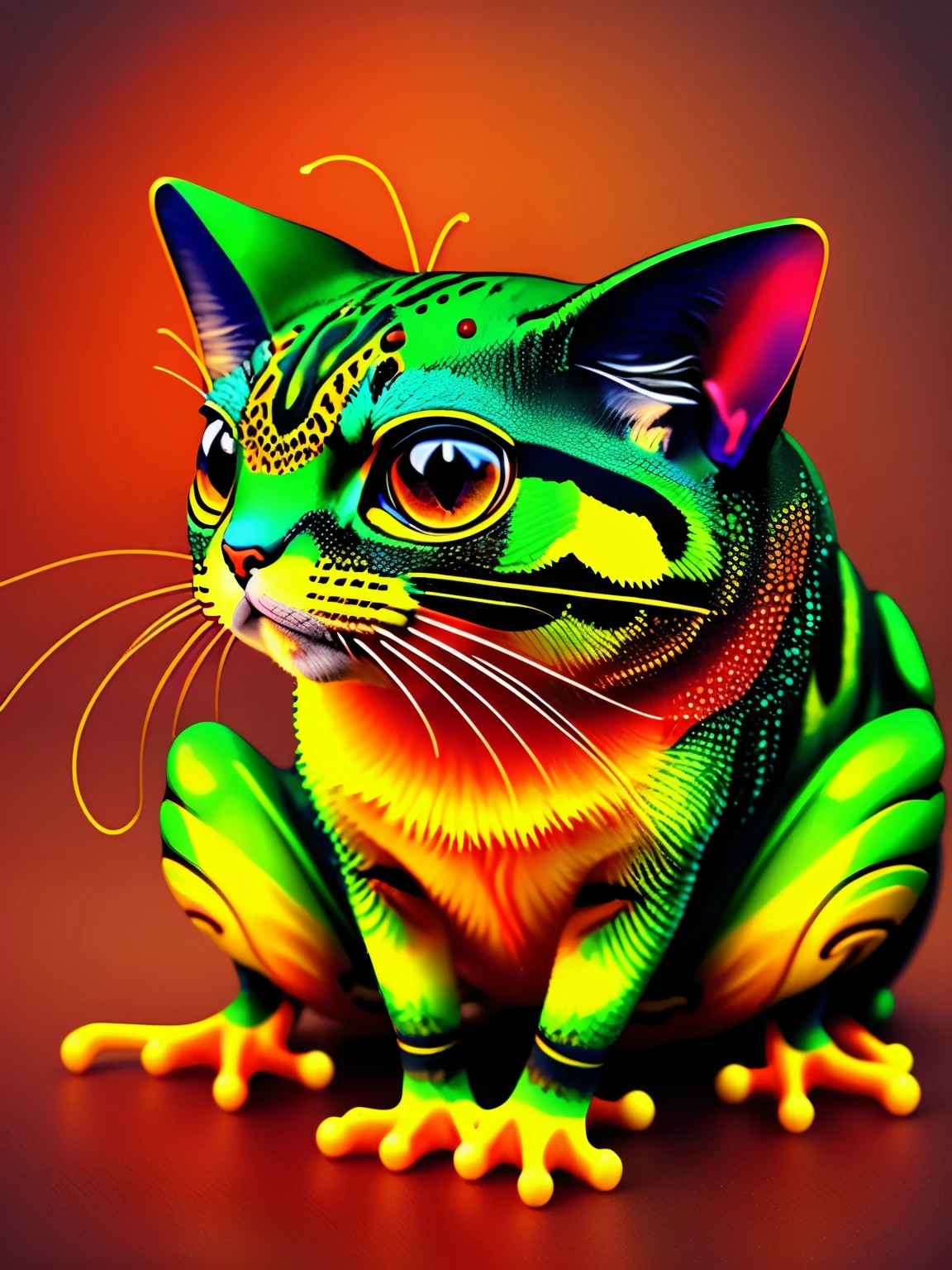 cat colored in poisonous frog skin pattern, , cgi art, red-yellow colors, hyperrealistic , pinterest, photorealistic artstyle, in rich color, an ai generated image, very detailed portrait, singing for you, breathtaking render, phsycodelic elements