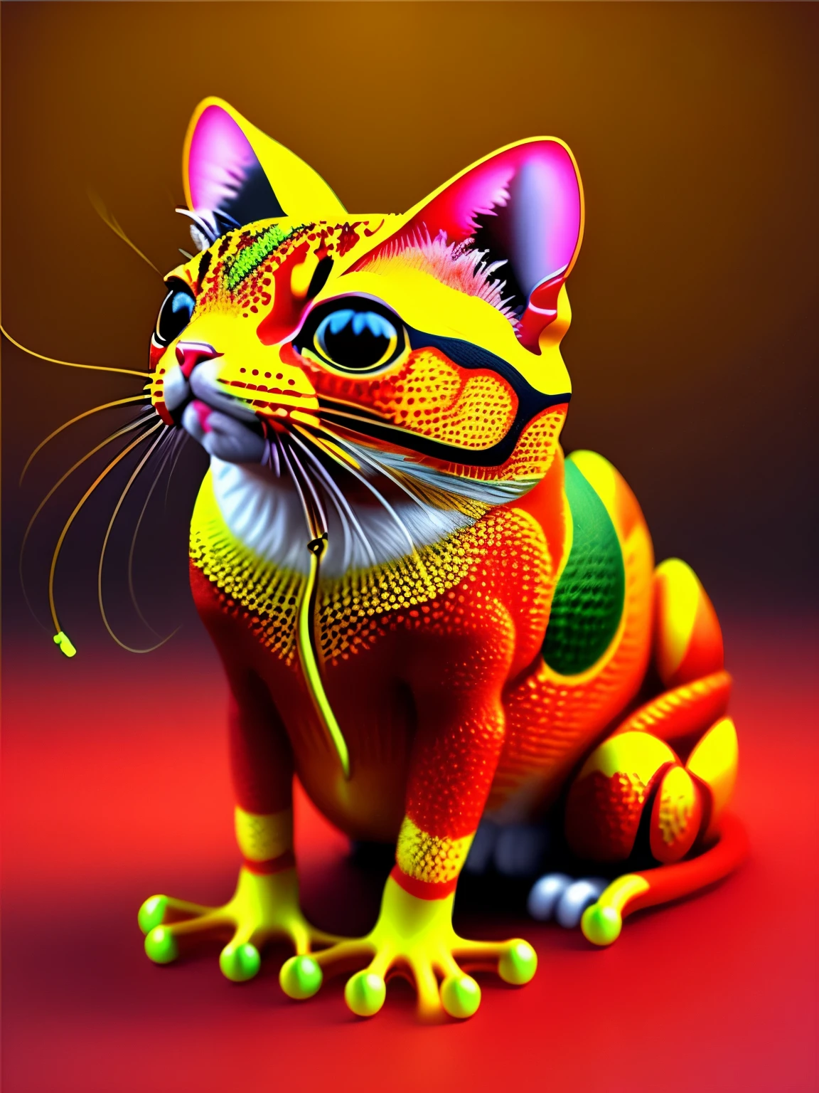 cat colored in poisonous frog skin pattern, , cgi art, red-yellow colors, hyperrealistic , pinterest, photorealistic artstyle, in rich color, an ai generated image, very detailed portrait, singing for you, breathtaking render, phsycodelic elements