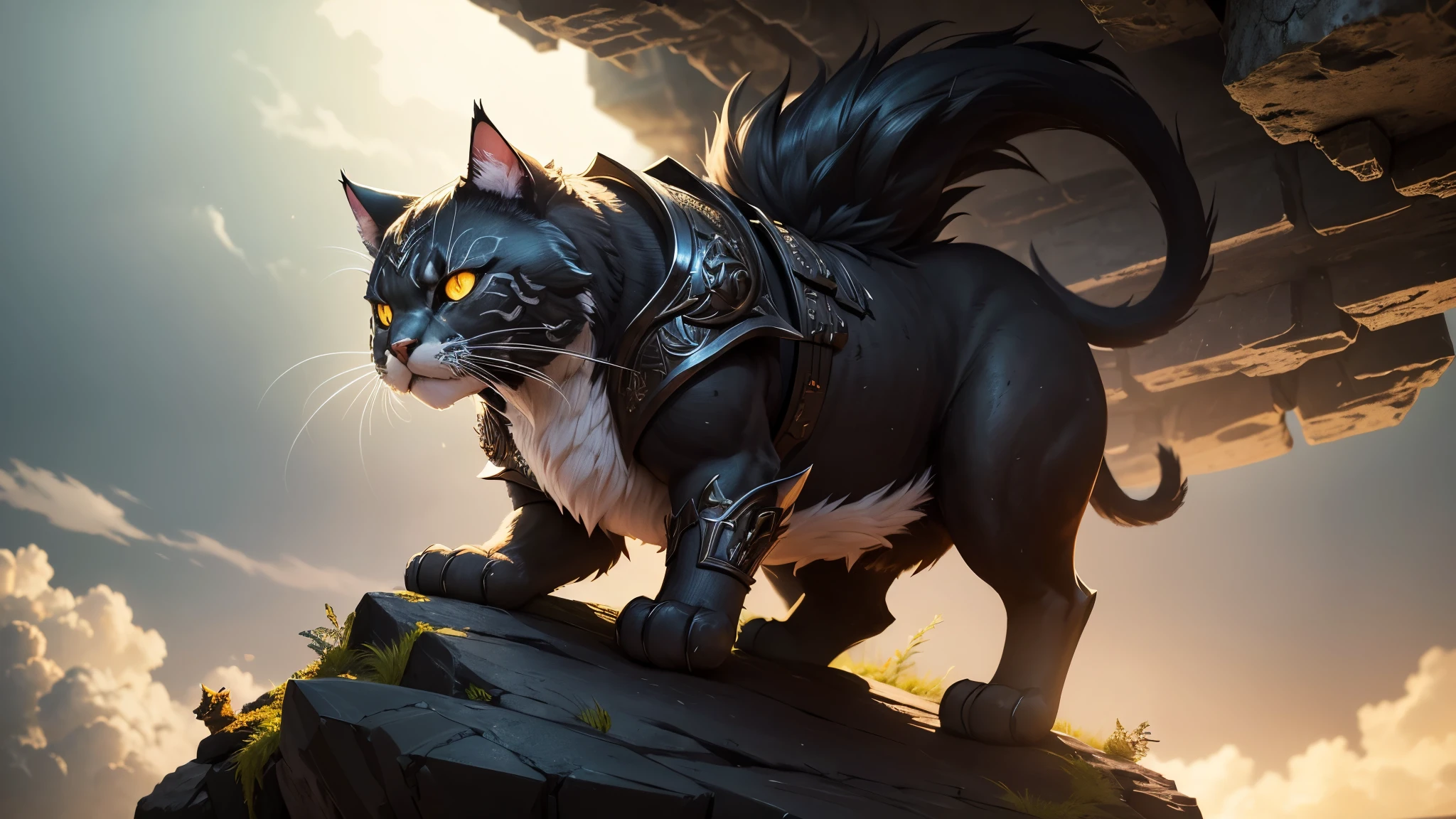 The majestic battle cat, a feline warrior clad in gleaming black armor, stands proudly on a rocky cliff. Its piercing yellow eyes glow with determination, scanning the horizon for signs of enemy threat. The intricate metallic patterns on its shield depict ancient battle symbols, while its claws, sharpened to razor-edge points, gleam menacingly in the sunlight. The battle cat's agile body quivers with alertness, as it anticipates the approaching roar of the enemy forces. In its downtime, this formidable creature is known to lounge in its intricately designed, chibi-style den nestled deep within the lush, glowing