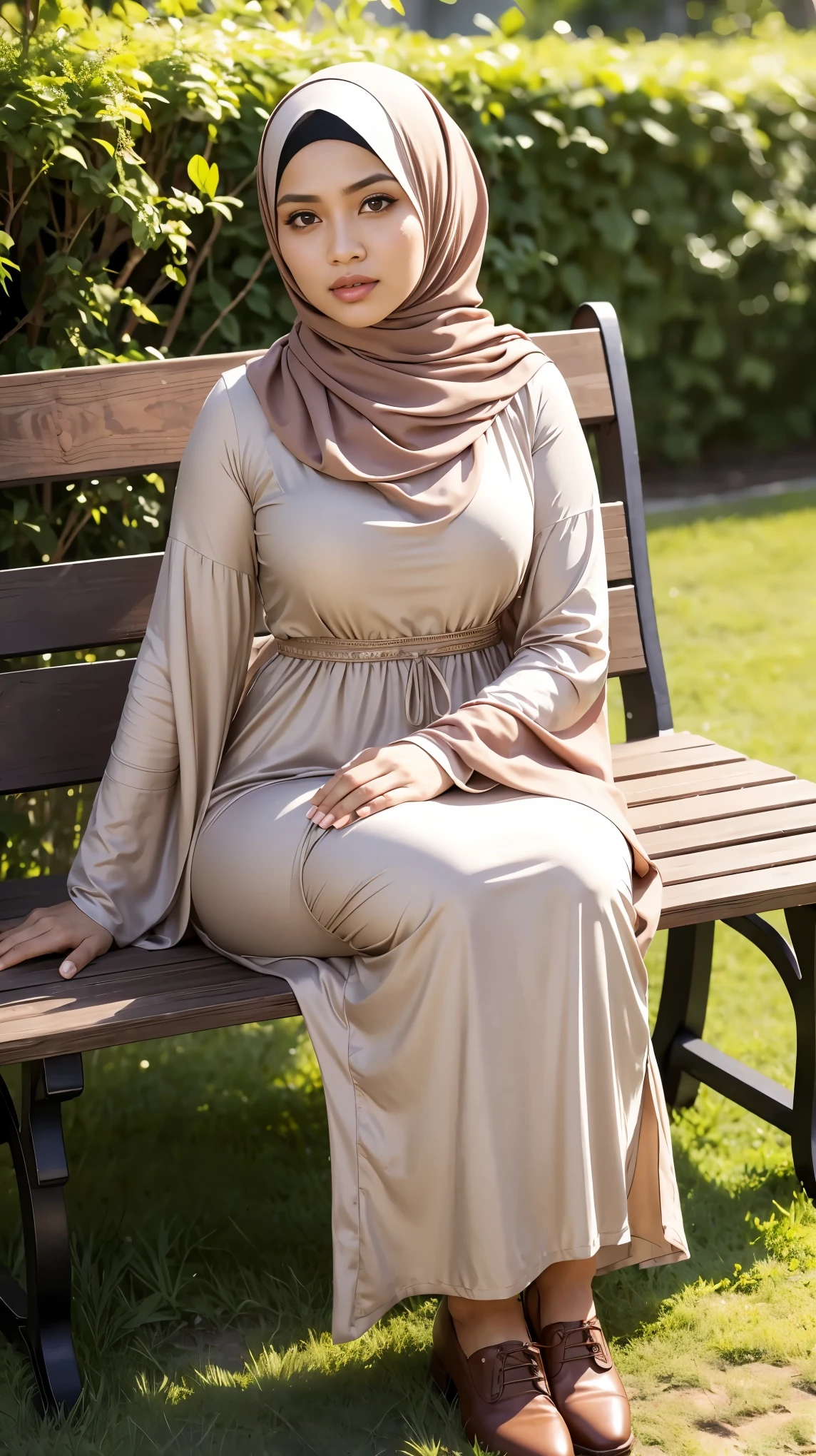 RAW, (Best quality, high resolution, work: 1.3), Beautiful Malay woman in hijab, fit body, Big breasts, Beautiful big eyes, Soft smile, beautiful face, slightly open mouth, thick thighs, beautiful girl, beautiful breasts, detail face, woman sitting on a bench wearing a light brown dress and brown shoes, simple flowing dress, fully covered dress, wearing an elegant long dress, Malay woman's long dress, wearing a hijab, wearing a long flowy cream colored cloth , in flower garden, beautiful woman. perfect lighting, perfect HD
