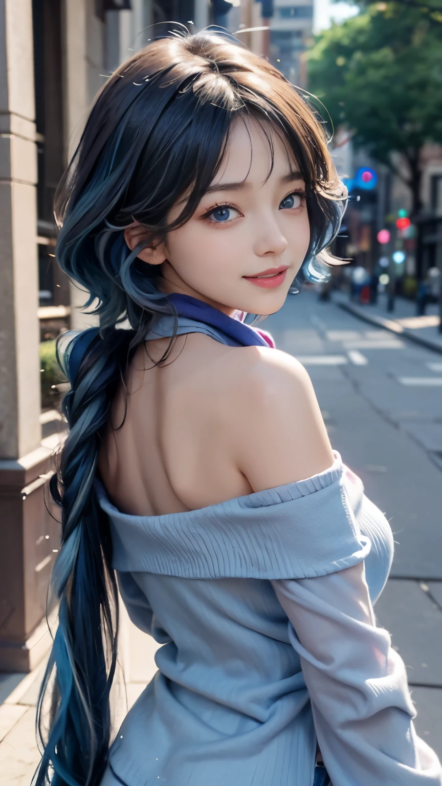 1 6 year old girl，child，kiddy big breasts，Back to camera，look back，happy grin，Cute little girl skin color，blue eyes，blue hair，curls、semi long hair，flat chest，small breasts，Cute pink lips，Wear off-the-shoulder shirts，Red scarf，Realistic illustration of her face，Finger realistic，Fascinating sketches，Smooth and shiny，Hazy，super blanket style，street background--ar 1:1--Niji 5--Stylistic expression--S 50，No makeup，Super cute without makeup