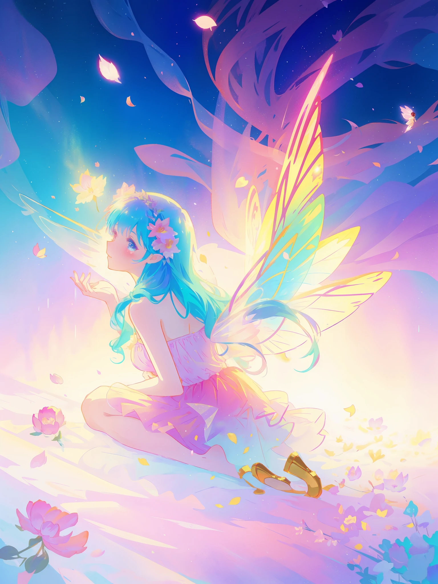 beautiful girl in tiered gradient ballgown dress, gradient colorful dress, ((layered flower petal skirt)), fairy dress, fairy queen, magical fantasia background, (glowing fairy wings), glowing flowing ballgown, long wavy hair, sparkling fairy wings, watercolor illustration, inspired by Glen Keane, inspired by Lois van Baarle, disney art style, jen bartel, beautiful digital illustration, beautiful, masterpiece, best quality, anime disney style