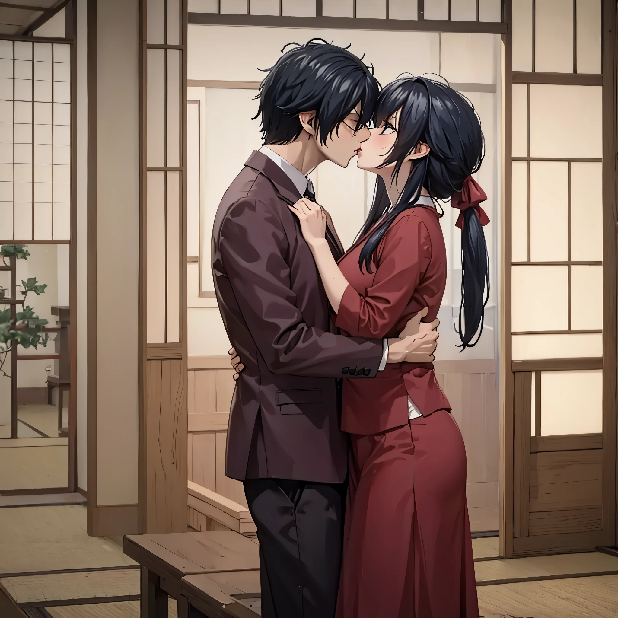 man kissing a woman on the mouth in a Japanese house
