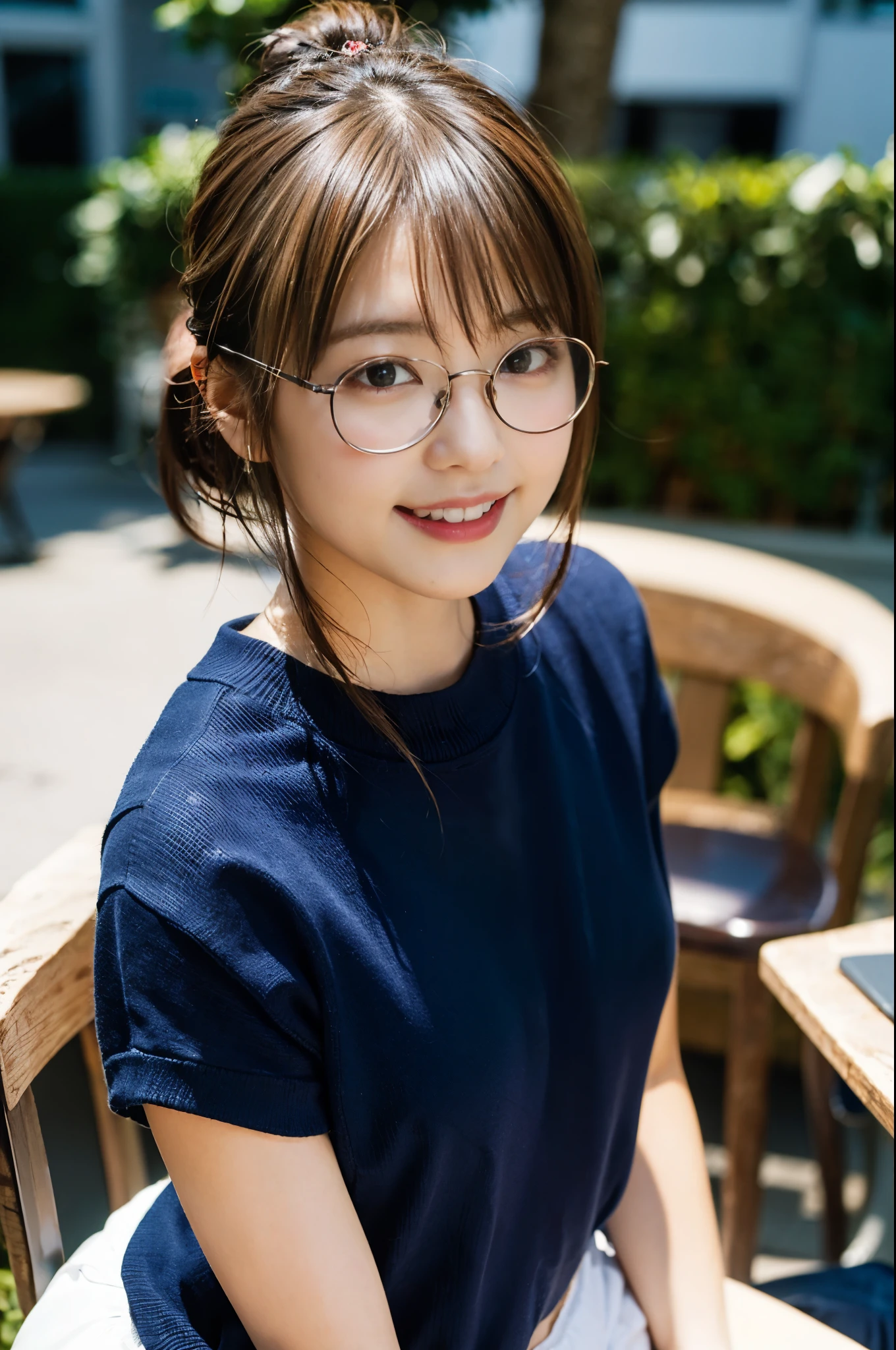 (8K、Raw photo、highest quality、masterpiece:1.2)、(realistic、Photoreal:1.37)、super detailed、Super high resolution、1 girl、see the beholder、beautiful and detailed face、laughter、narrow、(slim waist) :1.3)、Beautiful and smooth skin、skin texture、straight hair、professional lighting、human body as a whole、short hair、blonde、high school girl、schoolyard、small breasts、bob hair、smile、Sweat、(white panties:1.1)、(Sitting table:1.2)、(facing the front)、(round glasses:1.2)、(Low ponytail:1.1)、(Striped Knit Shirt:1.1)、(Armpit peaks:1.1)