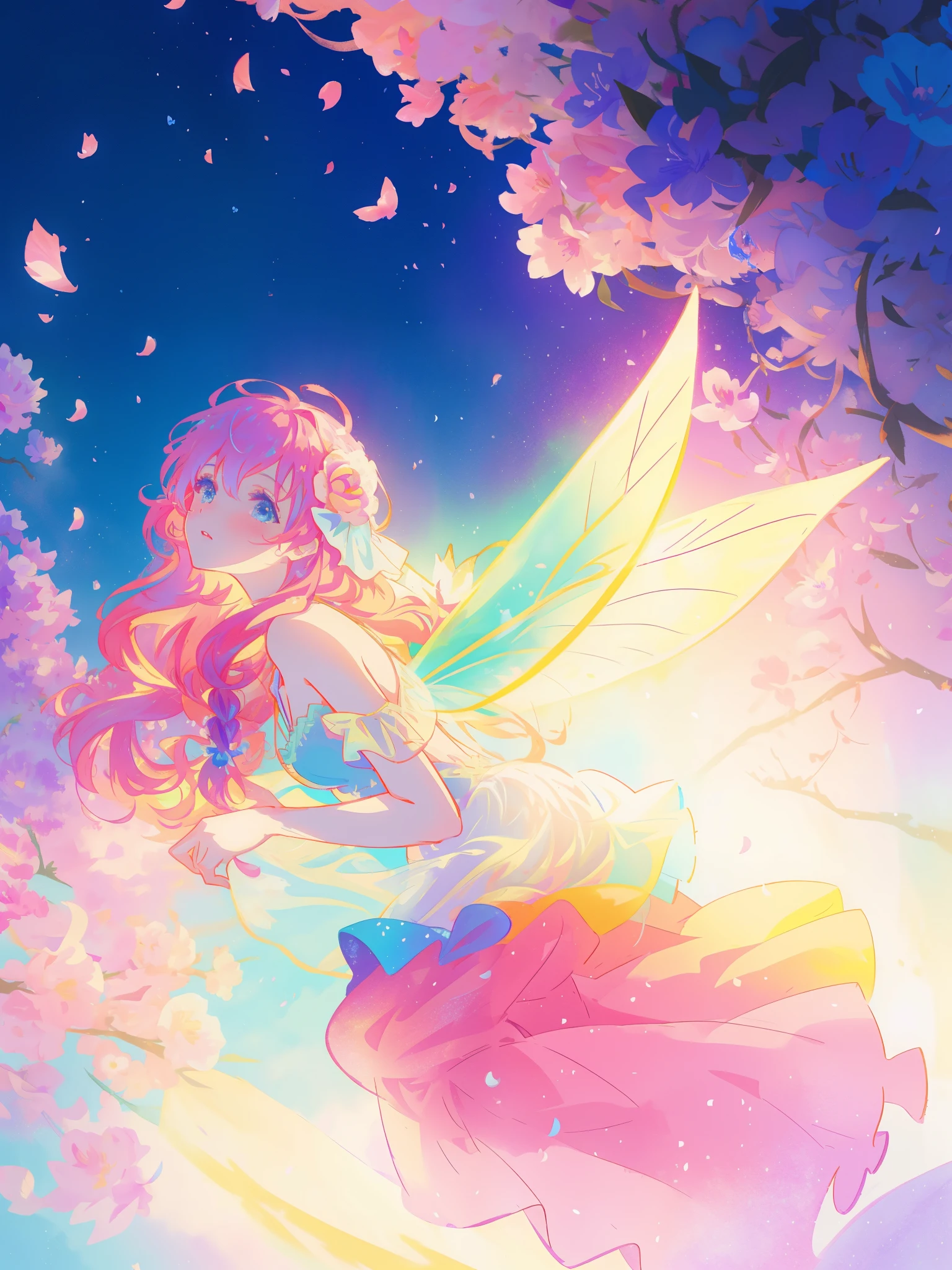 beautiful girl in tiered gradient ballgown dress, gradient colorful dress, ((layered flower petal skirt)), fairy dress, fairy queen, magical fantasia background, (glowing fairy wings), glowing flowing ballgown, long wavy hair, sparkling fairy wings, watercolor illustration, inspired by Glen Keane, inspired by Lois van Baarle, disney art style, jen bartel, beautiful digital illustration, beautiful, masterpiece, best quality, anime disney style