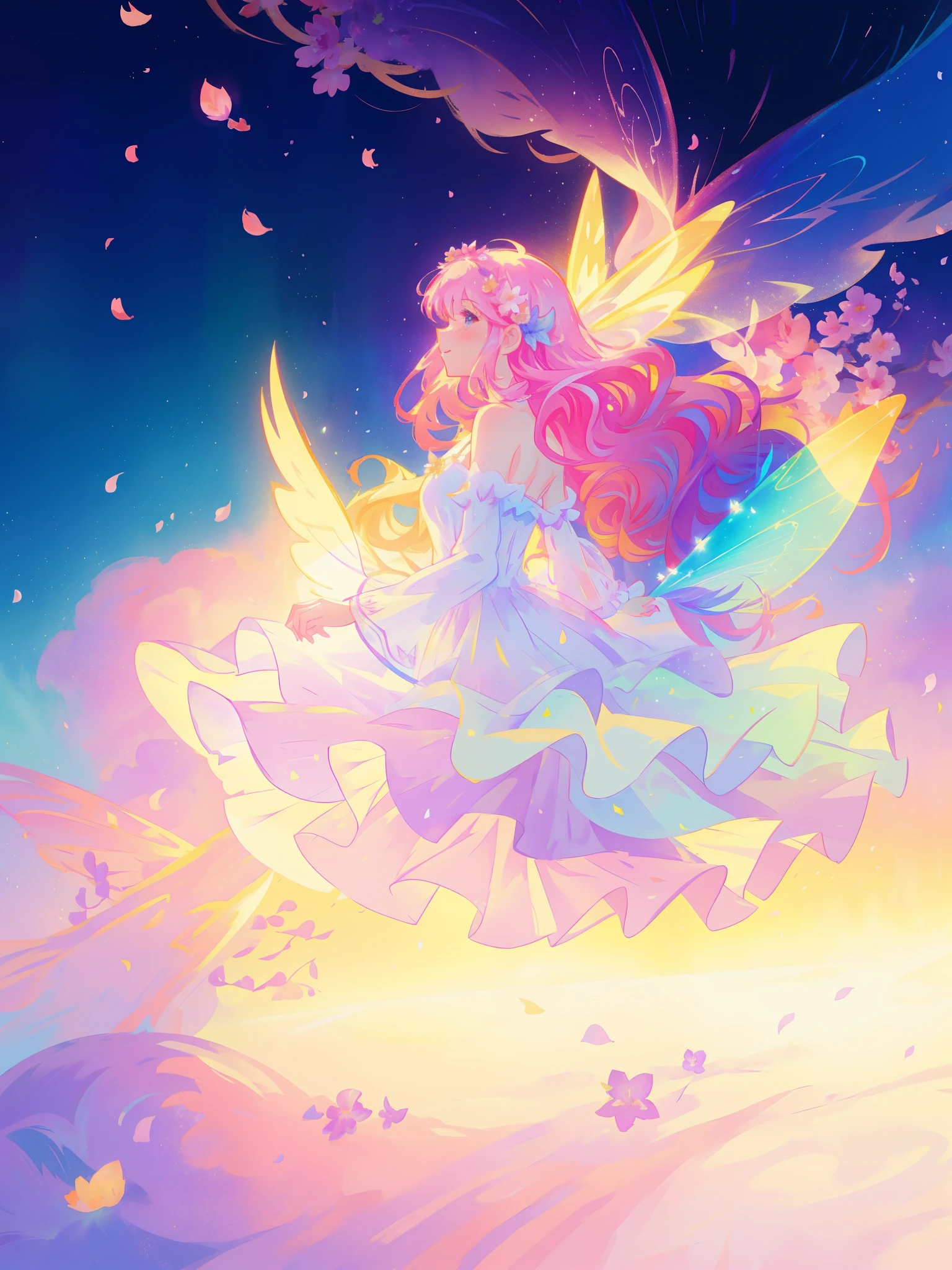 beautiful girl in tiered gradient ballgown dress, gradient colorful dress, ((layered flower petal skirt)), fairy dress, fairy queen, magical fantasia background, (glowing fairy wings), glowing flowing ballgown, long wavy hair, sparkling fairy wings, watercolor illustration, inspired by Glen Keane, inspired by Lois van Baarle, disney art style, jen bartel, beautiful digital illustration, beautiful, masterpiece, best quality, anime disney style