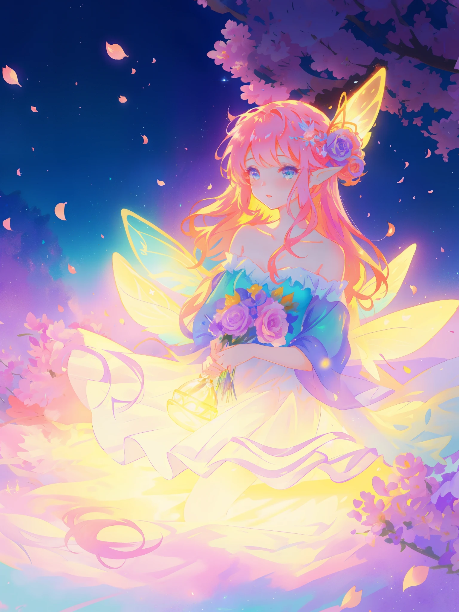 beautiful girl in tiered gradient ballgown dress, gradient colorful dress, ((layered flower petal skirt)), fairy dress, fairy queen, magical fantasia background, (glowing fairy wings), glowing flowing ballgown, long wavy hair, sparkling fairy wings, watercolor illustration, inspired by Glen Keane, inspired by Lois van Baarle, disney art style, jen bartel, beautiful digital illustration, beautiful, masterpiece, best quality, anime disney style