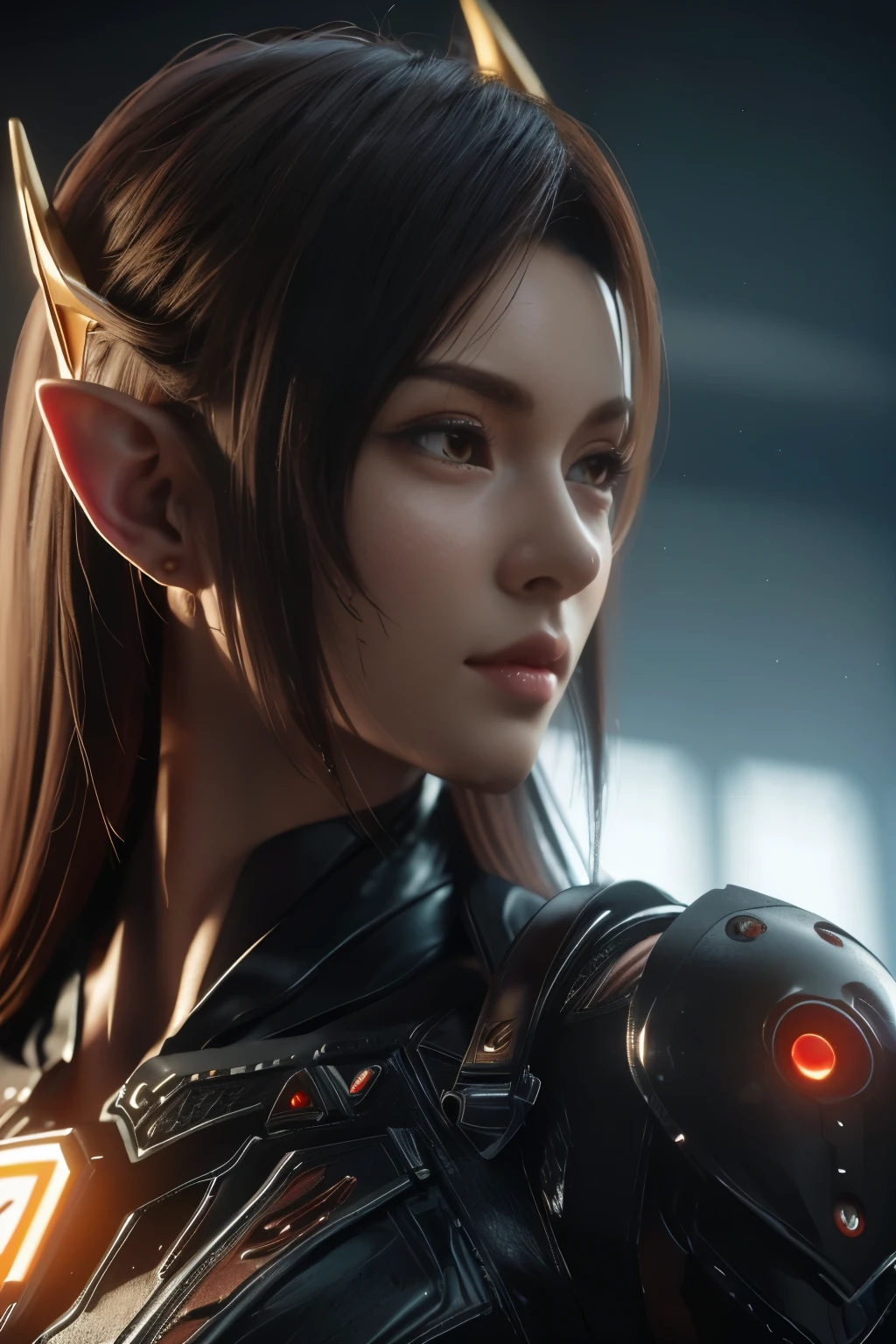 Game art，The best picture quality，Highest resolution，8K，(A bust photograph)，(Portrait)，(Head close-up:1.5)，(Rule of thirds)，Unreal Engine 5 rendering works， (The Girl of the Future)，(Female Warrior)， 22岁少女，((Pointy elf ears))，(Female hackers)，(White and red gradient，Ancient Oriental hairstyle)，((The pupils of the red eyes:1.3))，(A beautiful eye full of detail)，(Big breasts)，(Eye shadow)，优雅迷人，冷漠，((Anger))，(Cyberpunk jacket full of futuristic look，Joint Armor，There are exquisite Chinese patterns on the clothes，A flash of jewellery)，赛博朋克精灵女孩，未来风格， 拍照姿势，城市背景，Movie lights，Ray tracing，Game CG，((3D Unreal Engine))，oc渲染反射纹