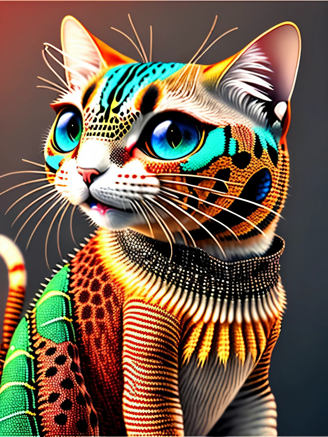 cat colored in lizard dotted skin pattern, , cgi art, , hyperrealistic , pinterest, photorealistic artstyle, in rich color, an ai generated image, very detailed portrait, singing for you, breathtaking render, phsycodelic elements