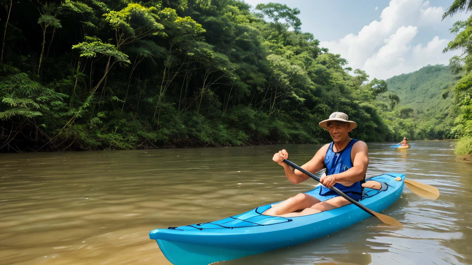 Photo-realistic image: Paddling in a blue kayak, holding the paddle with both hands, blue sky, gently flowing river, short trees, 50-year-old Japanese man paddling, wearing a cap, smiling, looking at camera, Thailand, floating house