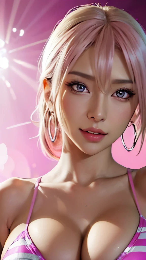 Super high quality beautiful woman&#39;s face, 19 years old, Soft light in a beautiful studio, vivid details, beautiful background, octane rendering, 8K, highest quality, masterpiece, An illustration, very determined and beautiful, very detailed, cg, unity , wallpaper, (realistic, photo-realistic: 1.37), wonderful, finely, highest quality, official art, very detailed cg 8K wallpaper, whole body, a girl, standing, (makeup:1.1), (naughty face:1.3), gyaru, dark skin, zebra print, bikini, huge breasts, (pink spotlight:1.5), earrings, 