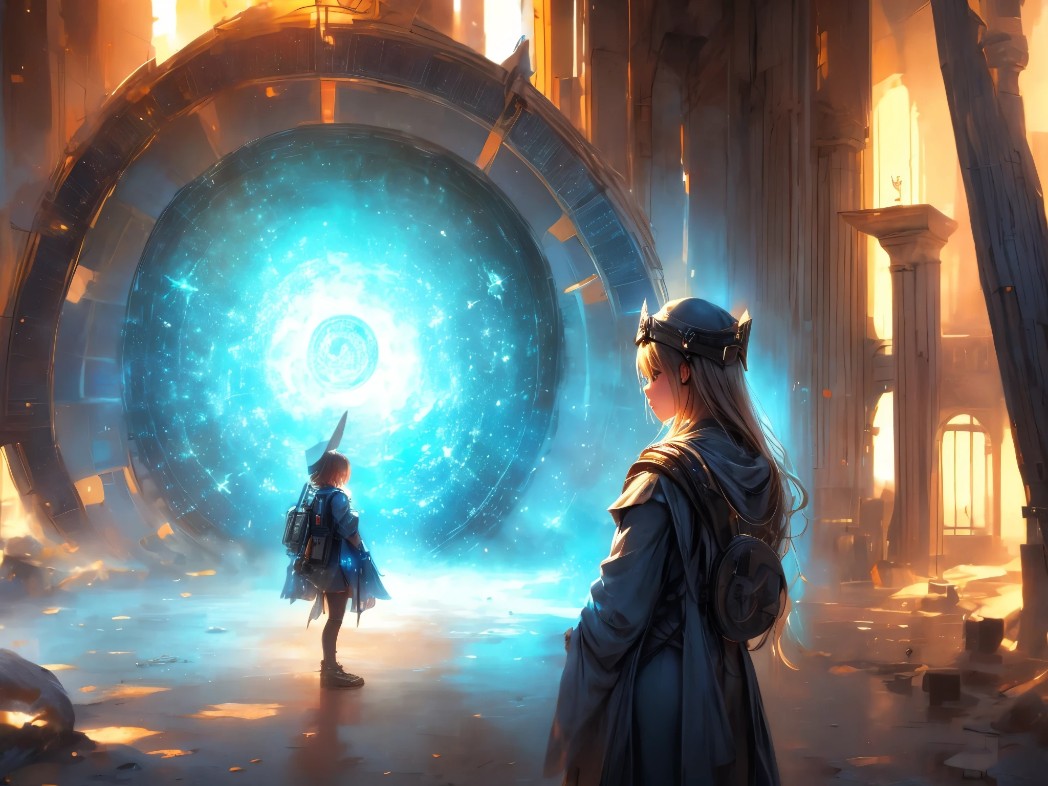 (best quality,4k, highres), Forgotten Gateway of Time and Space, A girl standing in front of the ((stargate)), Inside the stargate is swirling particles and glowing light.