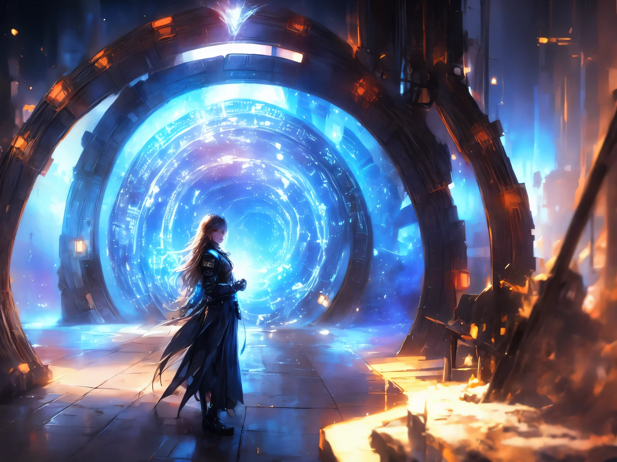 (best quality,4k, highres), Forgotten Gateway of Time and Space, A girl standing in front of the ((stargate)), Inside the stargate is swirling particles and glowing light.