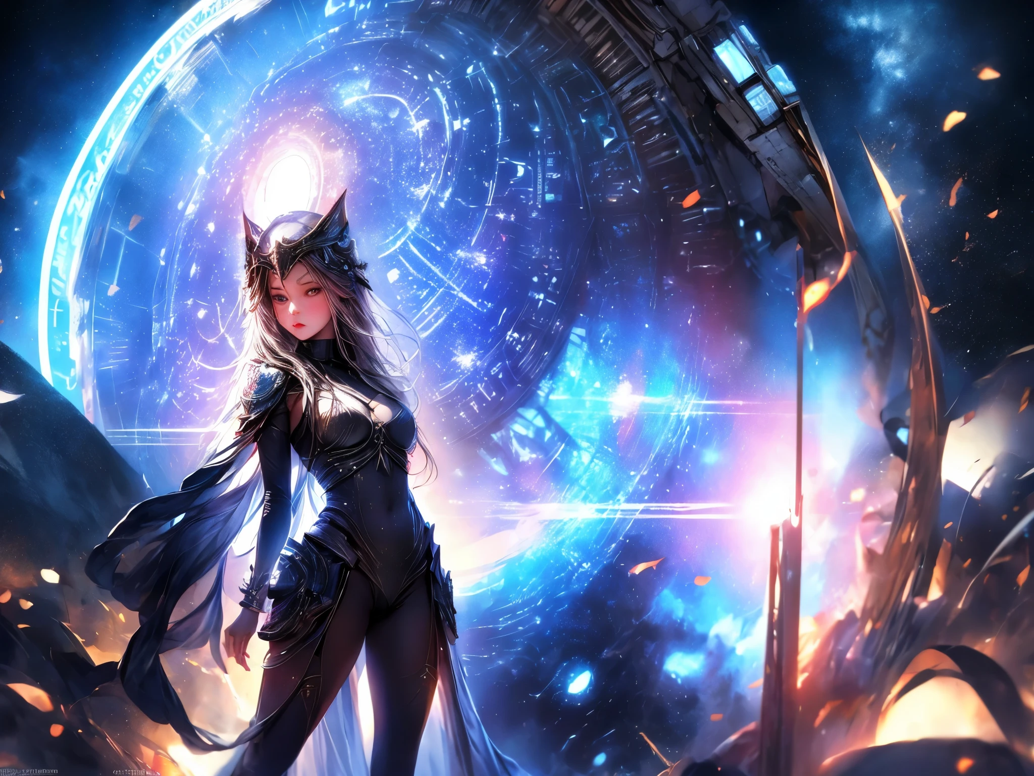 (best quality,4k, highres), Forgotten Gateway of Time and Space, A girl standing in front of the ((stargate)), Inside the stargate is swirling particles and glowing light.