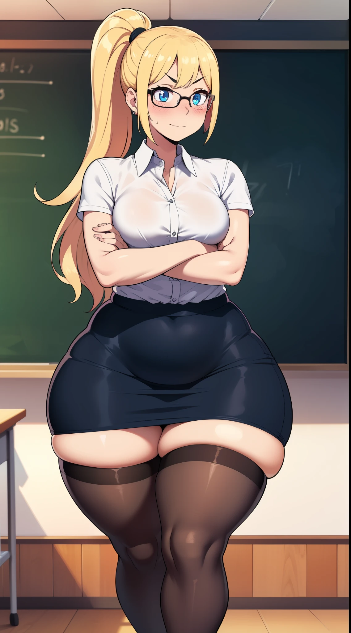 ()highres)),cMasterpiece, high quality, best quality, beautiful, perfect lighting, detailed face, ultra cute face, ((1girl)), ((solo), long blonde hair, ponytail, blue eyes, glasses, embarrassed, ((blushing)), looking at viewer, arms crossed, standing in a classroom, (classroom), daytime, dress shirt, pencil skirt, thigh highs, (wide hips), ((thick thighs)), chubby, small breasts, perky breasts, 24 year old female,