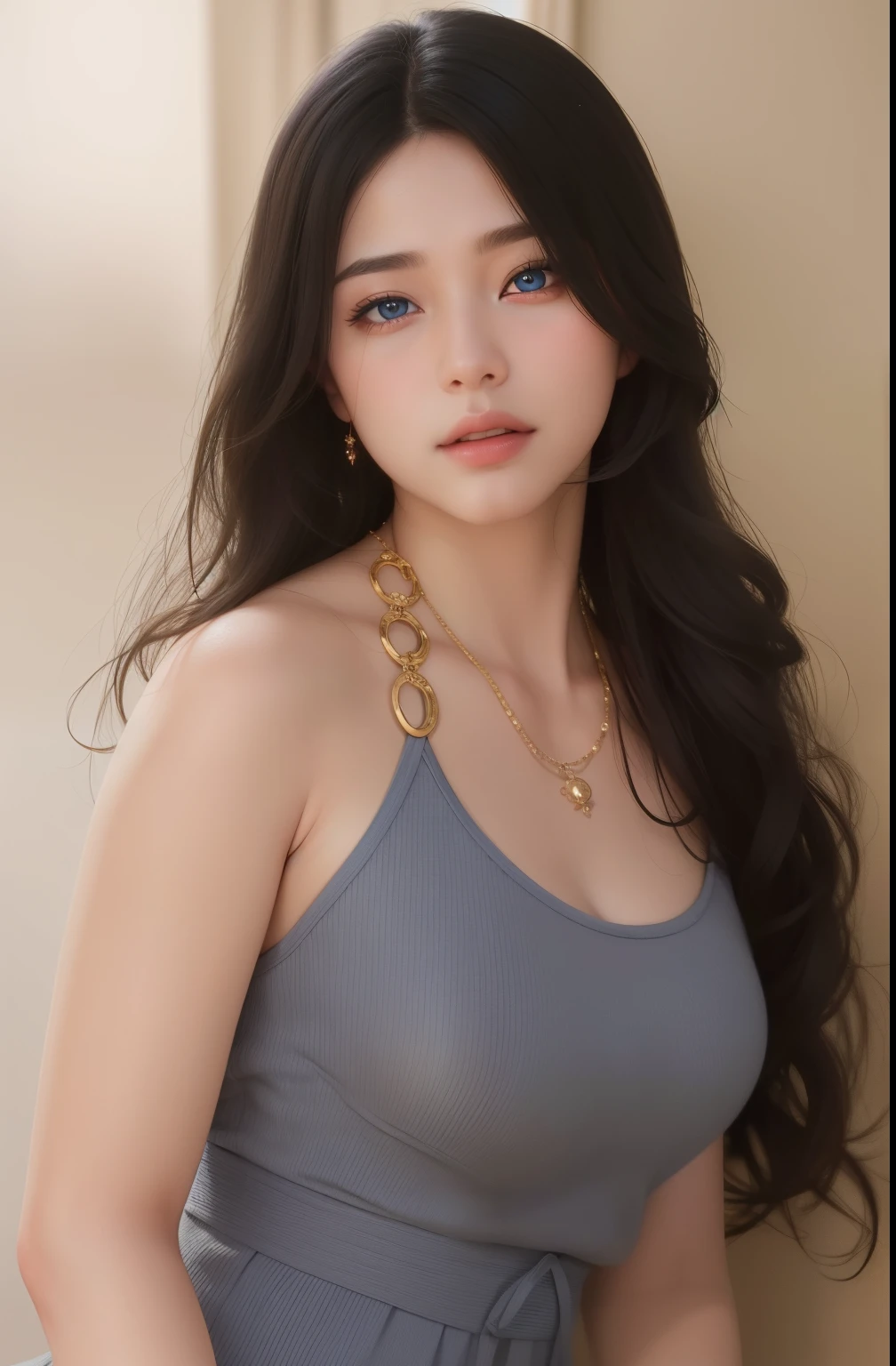 Beautiful big breastokeh), indoors, detailed luxury living room, gentle and charming beautiful goddess, Korean(kpop-idol), solo, necklace, oval face, double eyelids, smart, good hands, good feet, Natural, (from below angle), (glossy skin:1.05), ((low angle)), Perfect figure, (64k, UHD, RAW photo, best quality, masterpiece:1.4), (realistic, photo-realistic:1.37), ultra high res, photon mapping, radiosity, physically-based rendering, professional soft lighting, blue eyes, purpel hair